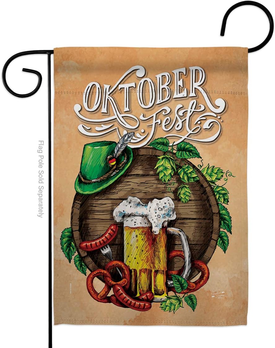 Oktoberfest Festival Garden Flag Set Wood Dowel Beverages Beer Happy Hour Game Pong Party Ale Lager Craft Small Decorative Gift Yard House Banner Made In USA 13 X 18.5
