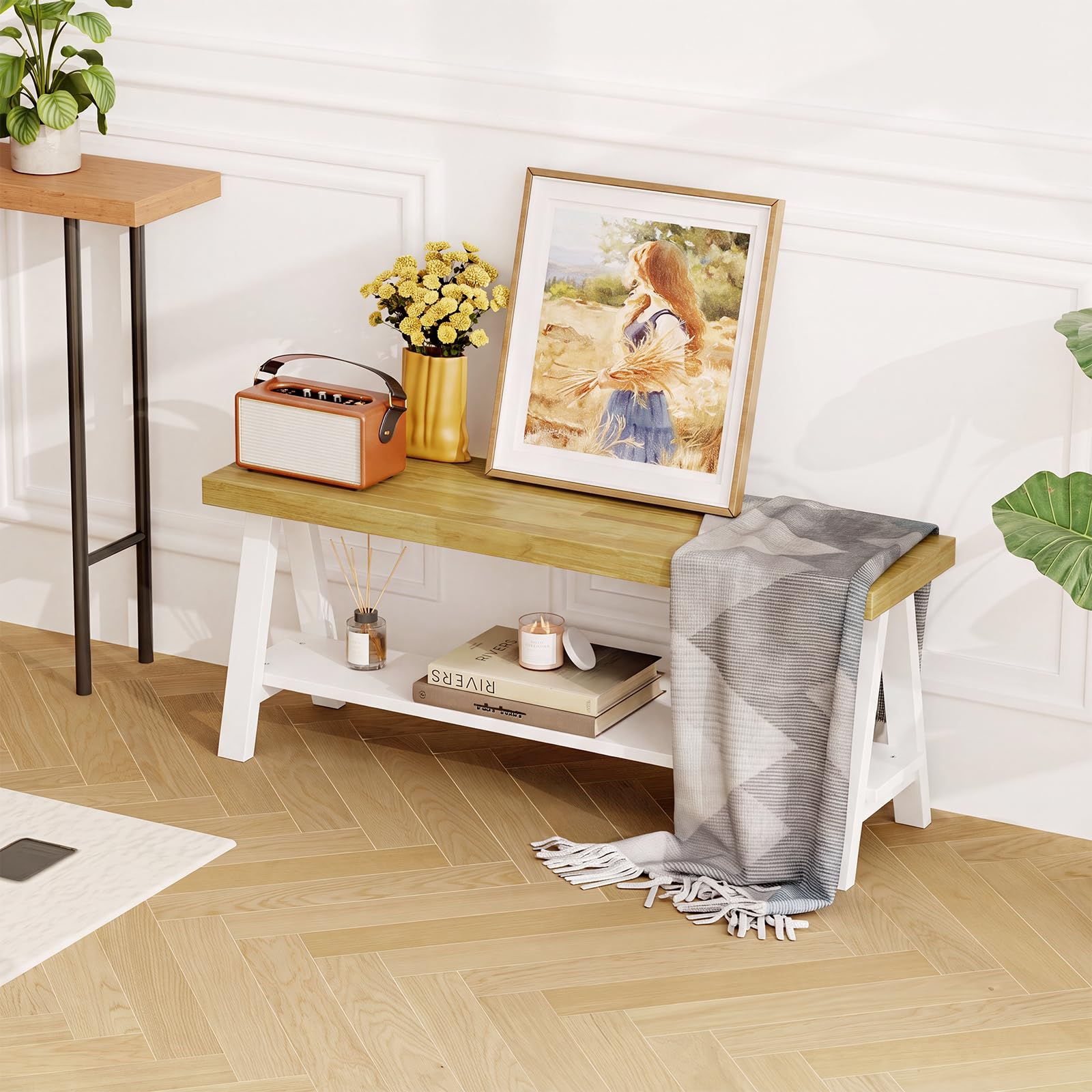 Banco De Madera Rústica De 110 Cm, Banco De Cama Con Espacio De Almacenamiento, Madera Maciza, Banco De Zapatos, Zona De Entrada, Banco De Comedor, Banco De Cocina, Banco De Balcón