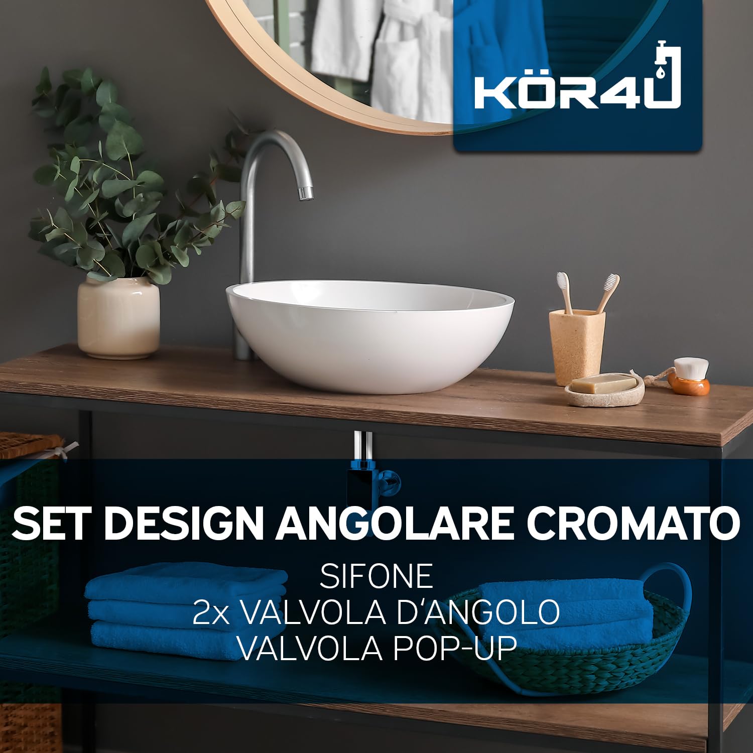 kör4u Sifone 1 1/4" x 32 mm, valvola pop-up, 2 valvole angolari, quadrata, cromata
