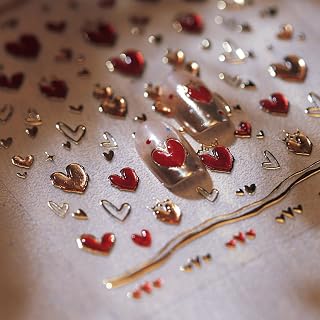 5D Embossed Spring Heart Nail Stickers Red Nail Art Stickers Heart Nail Decals Self-Adhesive Love Sticker Valentine’s Day Gold Hearts Nail Supplies for Women Girls DIY Manicure