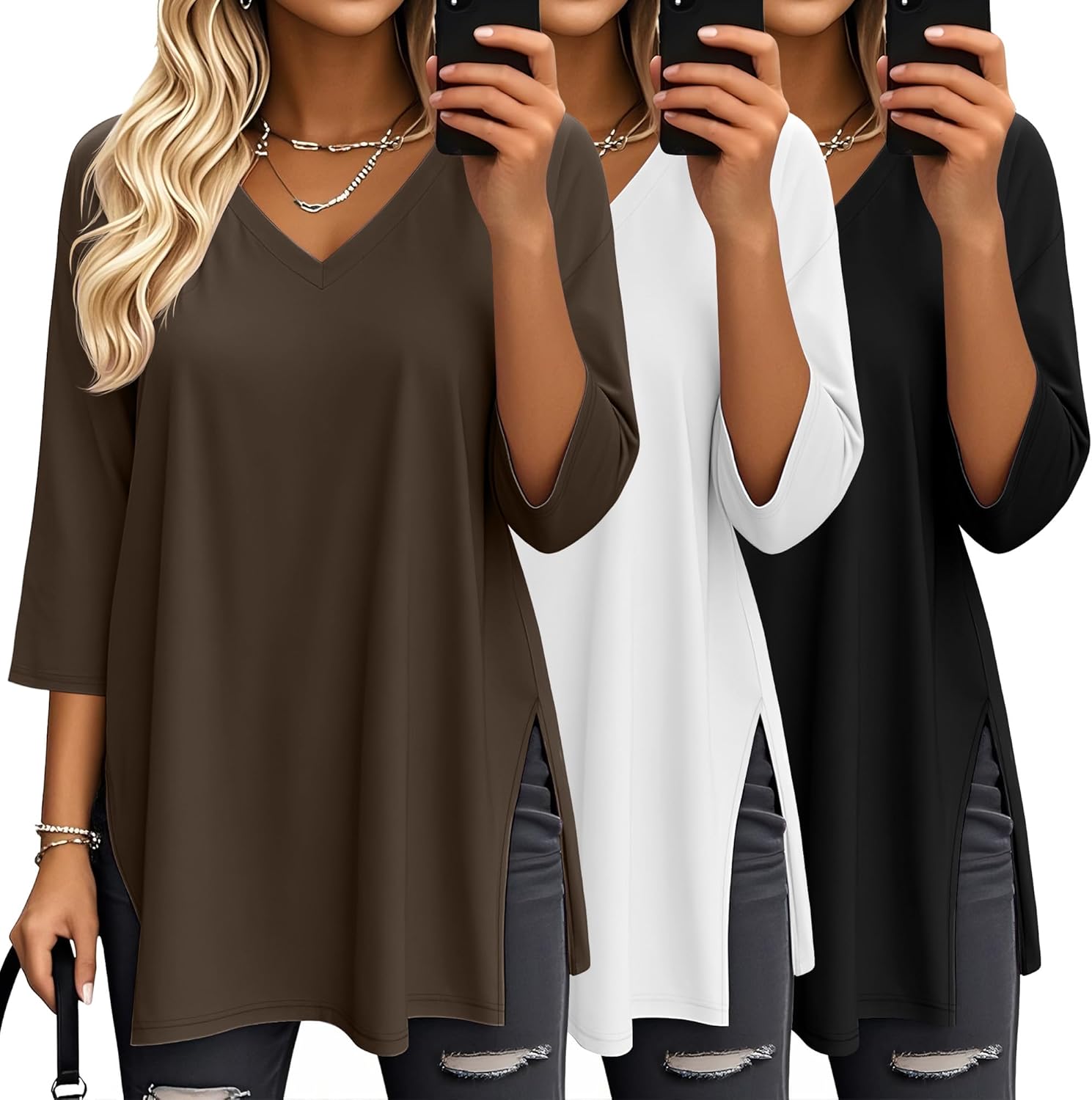 3 Pack Women's 3/4 Sleeve Oversized T-Shirts V Neck Comfy Casual Tunic Tops Knit Side Basic Split Loose Fit Tees
