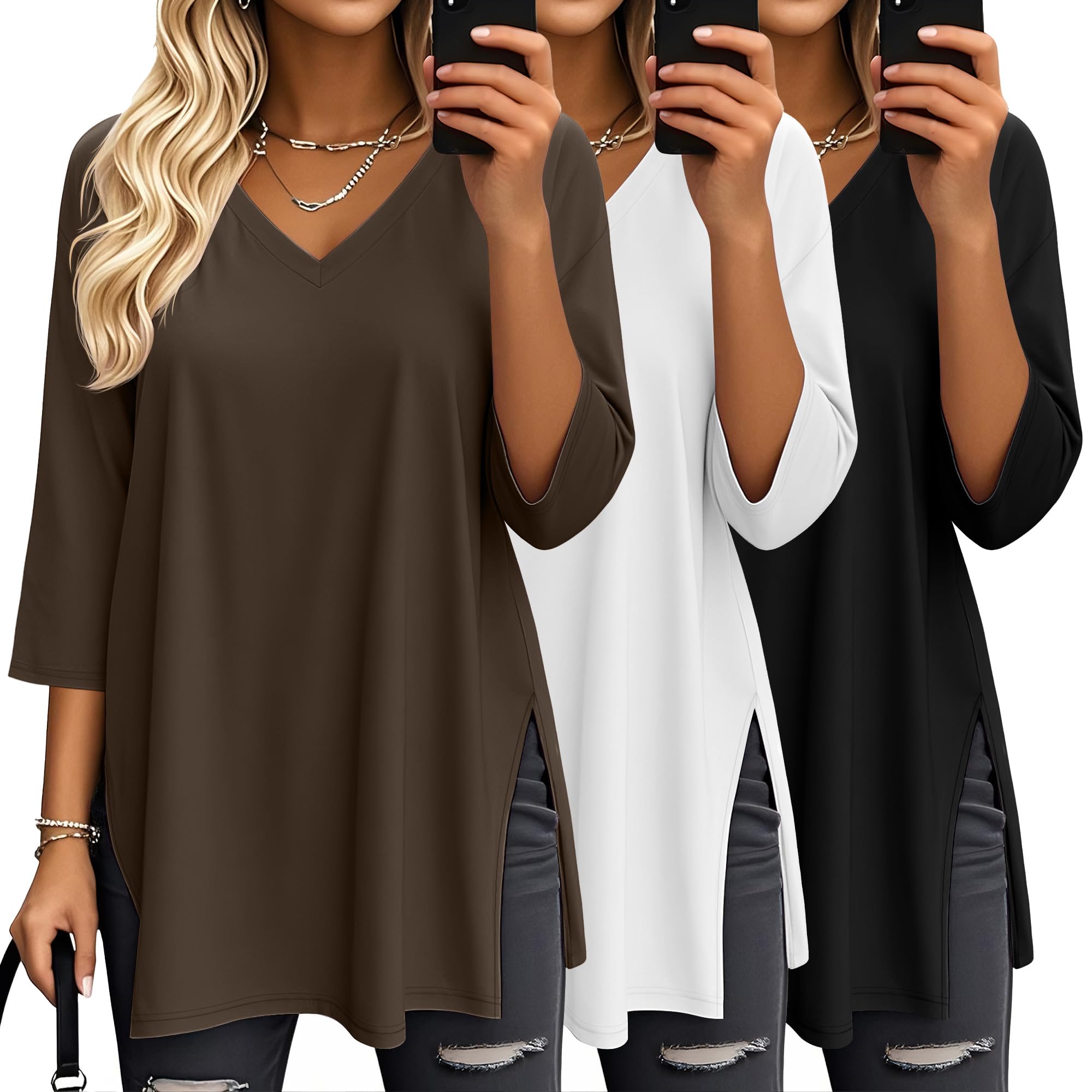 3 Tops Femme Oversize Manches 3/4 Col V | Tuniques À Fentes Latérales, T-shirts Amples, Vêtements Respirants, Hauts DécontractéS, Tenue Superposée, Mode Automne