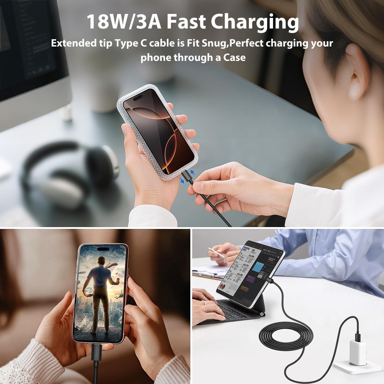 Cable USB a USB C de 3 pies, punta extendida de 10 mm, cable de carga rápida para iPhone 16 15/Samsung S25 S24 Ultra S23 S21 S20 S10/Blackview OUKITEL AGM teléfono resistente, tablet Fire, interruptor