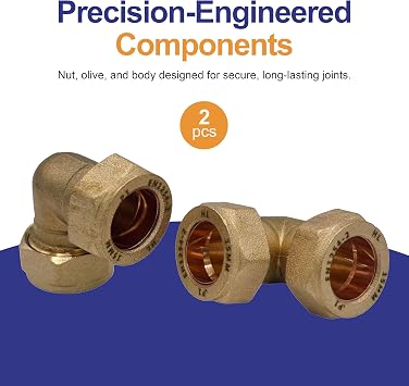 PlumbEZ 15mm Compact Compression Elbow Fittings – Brass 90° Plumbing Bend for Copper & Plastic Pipe | Leak Proof Compression Joints for Water, Gas & Heating Systems (2)