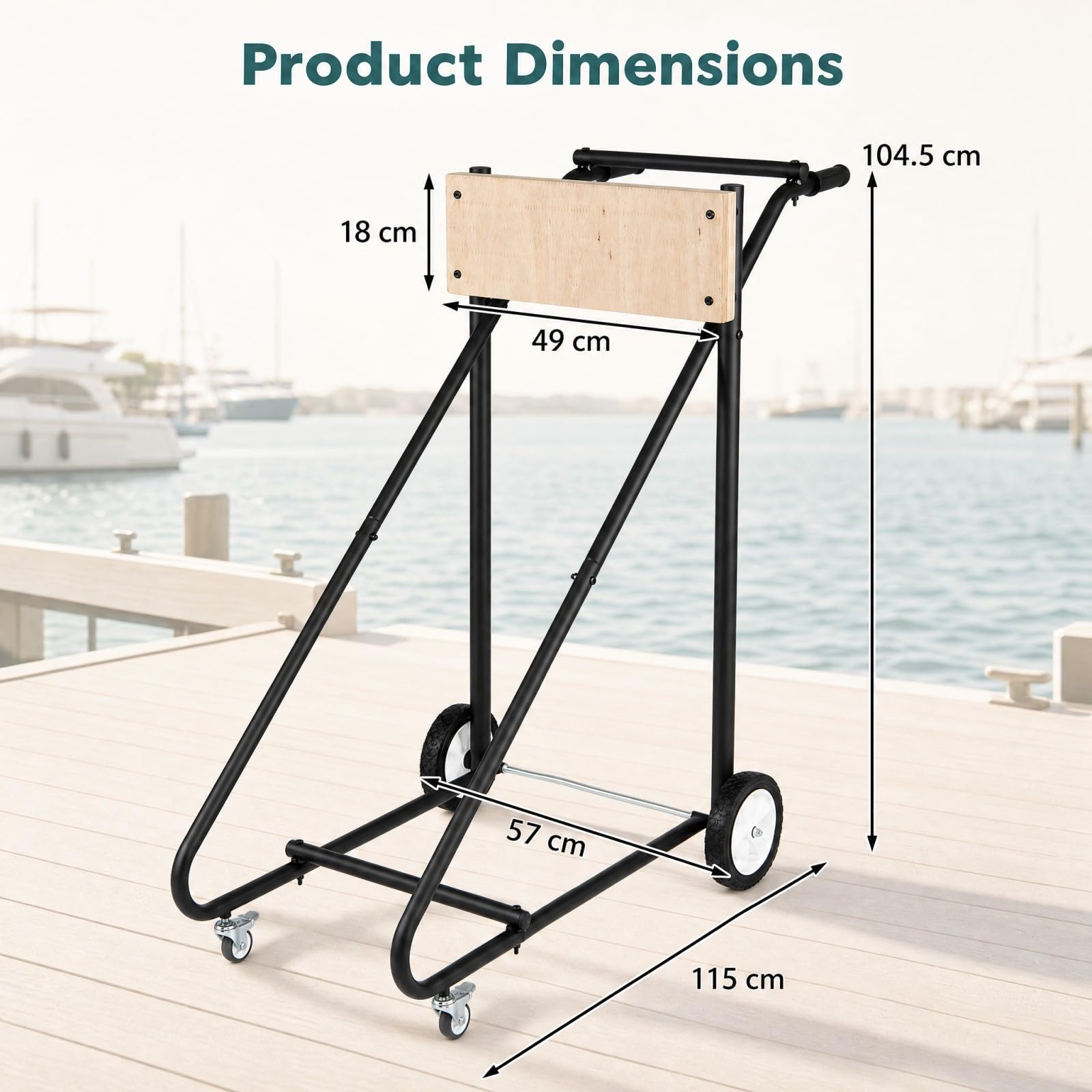 SOARS Supporto per Motore Fuoribordo con 4 Ruote, Portata 150 KG | Carrello di Trasporto per Motore con Struttura in Metallo, Pannello in Legno e 2 Maniglie Ergonomiche, 115 X 57 X 104,5 CM