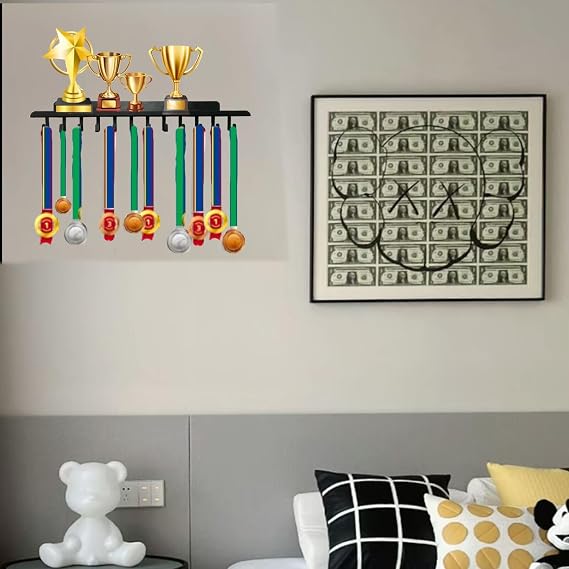 Medal Hanger Display Trophy Shelf with 12 Hooks for Wall | Race Medal Display for Gymnastics, Race, Soccer, Swim