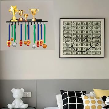 Medal Hanger Display Trophy Shelf with 12 Hooks for Wall | Race Medal Display for Gymnastics, Race, Soccer, Swim