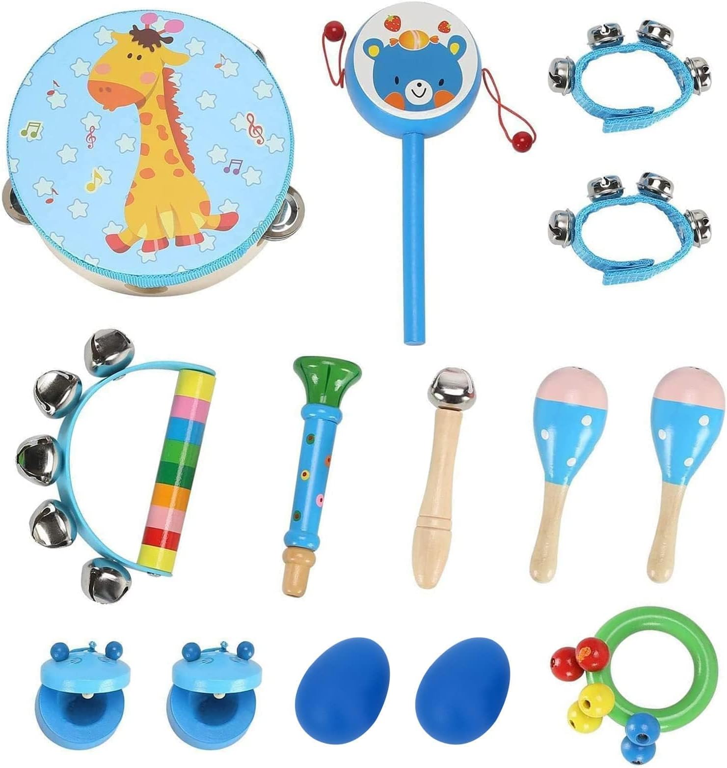 Dhouse Musical Instruments Set for Children, Wooden Percussion Toys with Drums, Tambourines and More, Educational Sensory Toys for Toddlers (Musical Instruments blue)