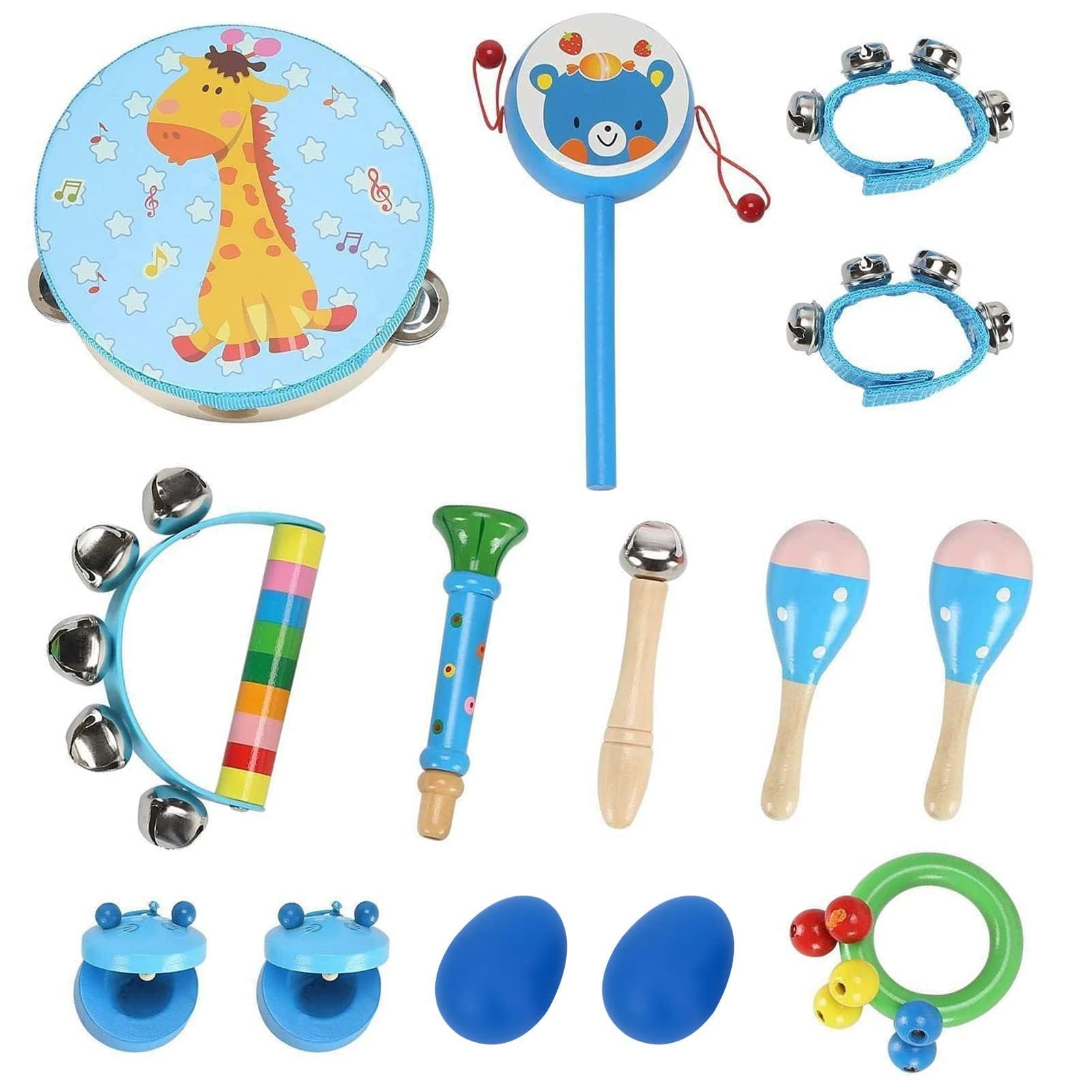 Dhouse Musical Instruments Set for Children, Wooden Percussion Toys with Drums, Tambourines and More, Educational Sensory Toys for Toddlers (Musical Instruments blue)