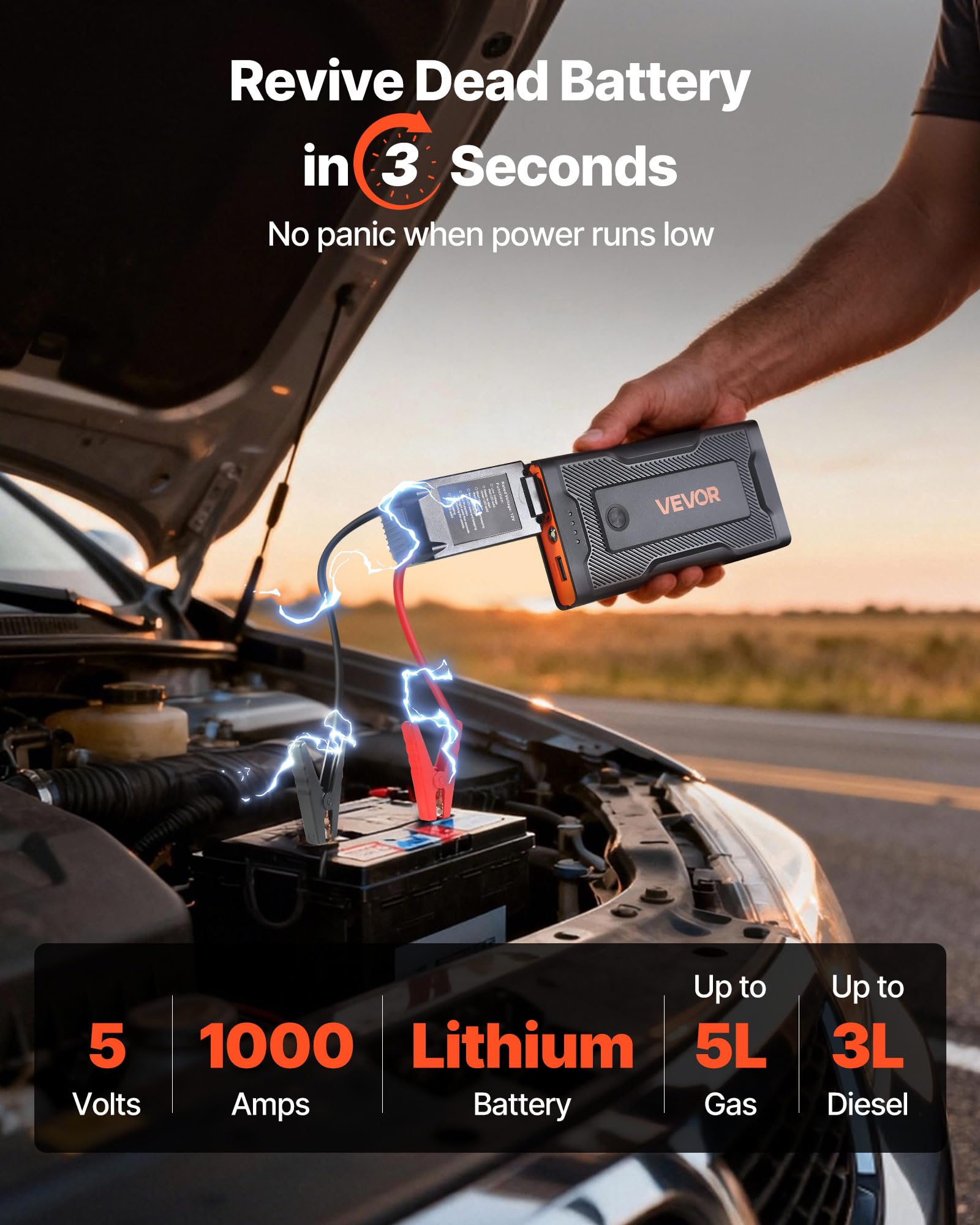 VEVOR Starthilfe Powerbank, Starthilfegerät 1000A Spitzenstrom mit LED-Taschenlampe & Kabel für Motor bis zu 5L Benzin/3L Diesel, Tragbarer Booster mit Schnellladung & Sicherheitsschutz für Notfall