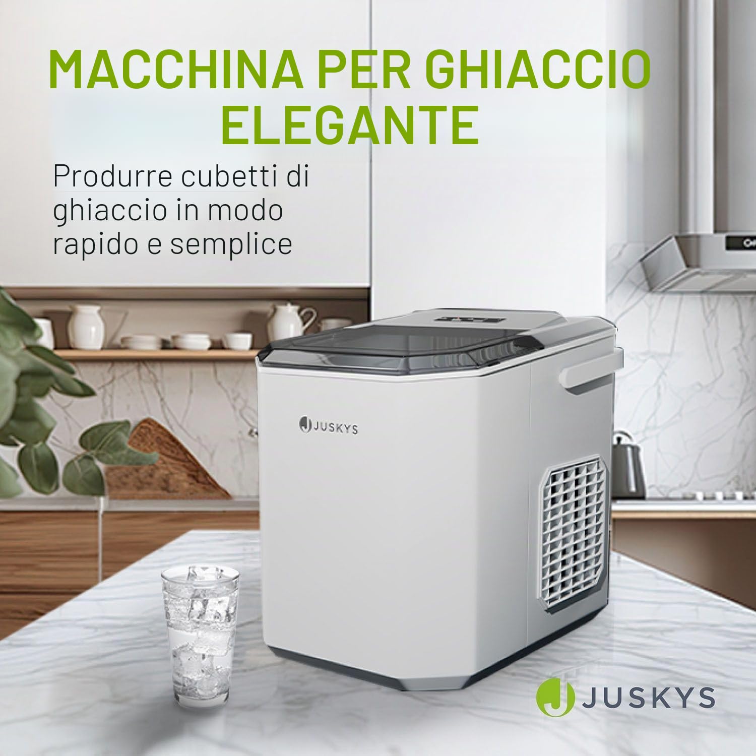 Juskys macchina del ghiaccio IceOracle – Cubetti di ghiaccio per cocktail in 6-13 minuti – Mini macchina del ghiaccio da 12 kg/giorno – Contenitore grande – Bianco
