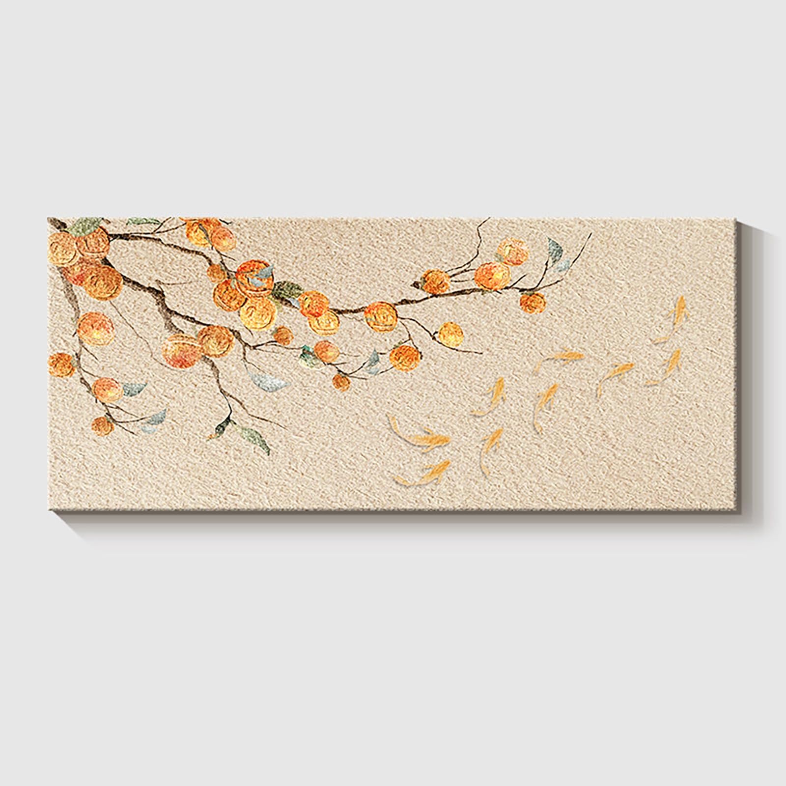 ZCQMSCWW 3D Frameless Sandstone Texture Wall Art, Persimmon & Cat Relief Sculpture, Minimalist Hanging Decor for Living Room Sofa Backdrop(A,180 * 75cm/70.8 * 29.5in)