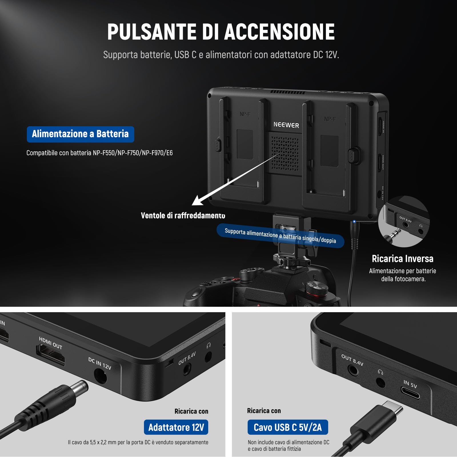 NEEWER F700 Monitor da Campo per Fotocamera 7", 2000nit HD 1920x1080 IPS Touch Screen con 3D LUT, Loop in/Out HDMI 4K con Peak Focus DSLR Video Assist HDR Waveform, Cold Shoe, Batteria Non Inclusa