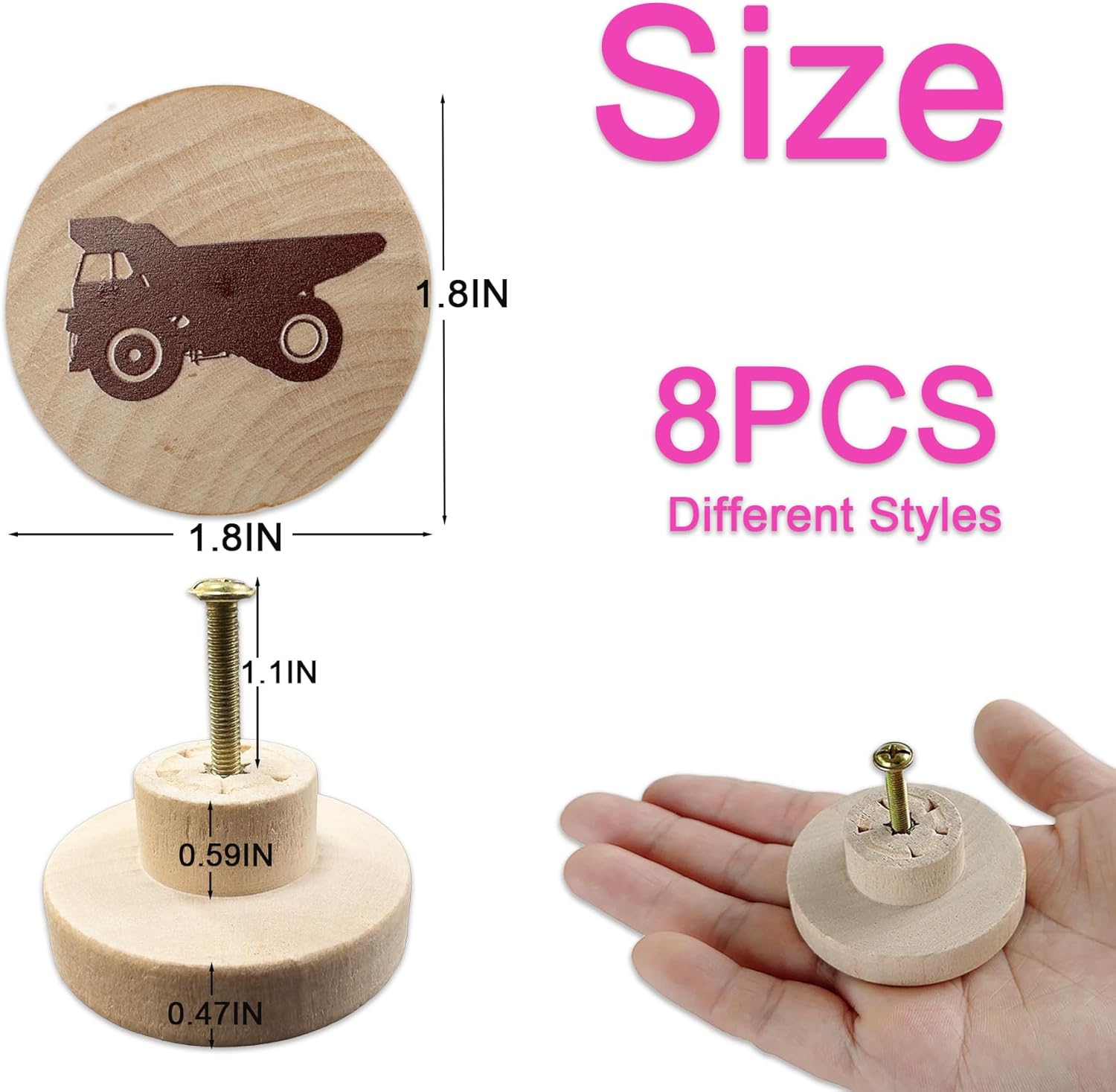 8PCS Nursery Childrens Furniture Wooden Drawer Pulls and Dresser Handles Knobs Baby Cabinet Decorative Round Wood Door Room Kids Bedroom Vehicle Themed Drawer Pulls