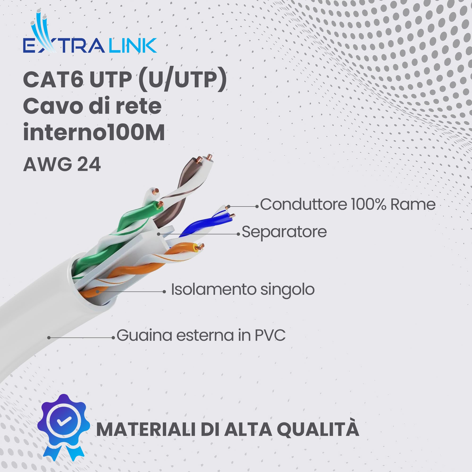 EXTRALINK Cavo Ethernet Interno 100m Cat5e U/UTP LAN AWG24 – 100% Rame Puro, Compatibile PoE, Fino a 1 Gbps, Guaina in PVC Flessibile, Facile da Installare per Reti Domestiche e Professionali