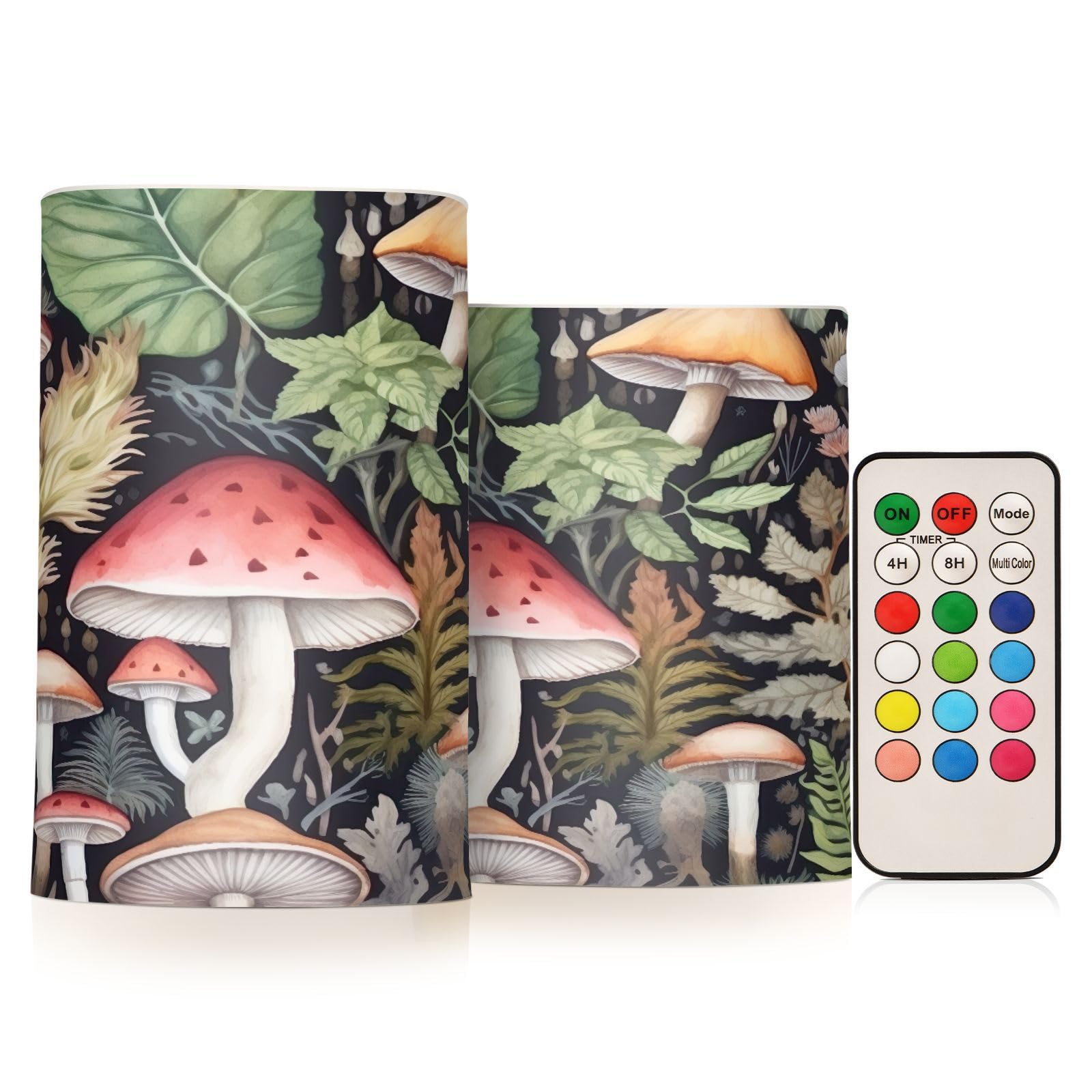 Kigai Watercolor Mushrooms Flameless Candles with Remote Control and Timer,Battery Operated LED Pillar Candles Adjustable Brightness for Ourdoor Indoor Use,Home Decor,2 Pack