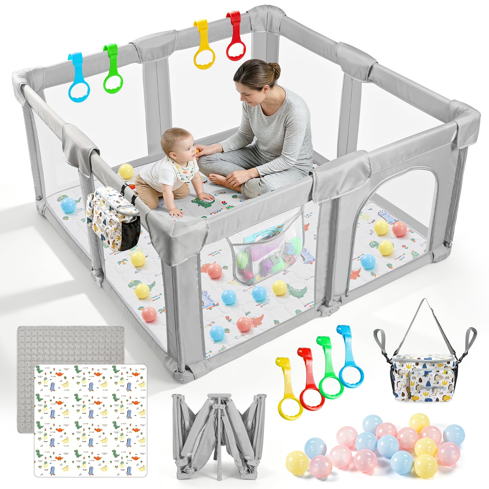 Parque Infantil Plegable con Colchón, Red Transpirable 360°, Tela Oxford 300D, Base Antideslizante, Zona de Juegos Segura para Niños, Interior/Exterior (150 x 150 x 70 cm)