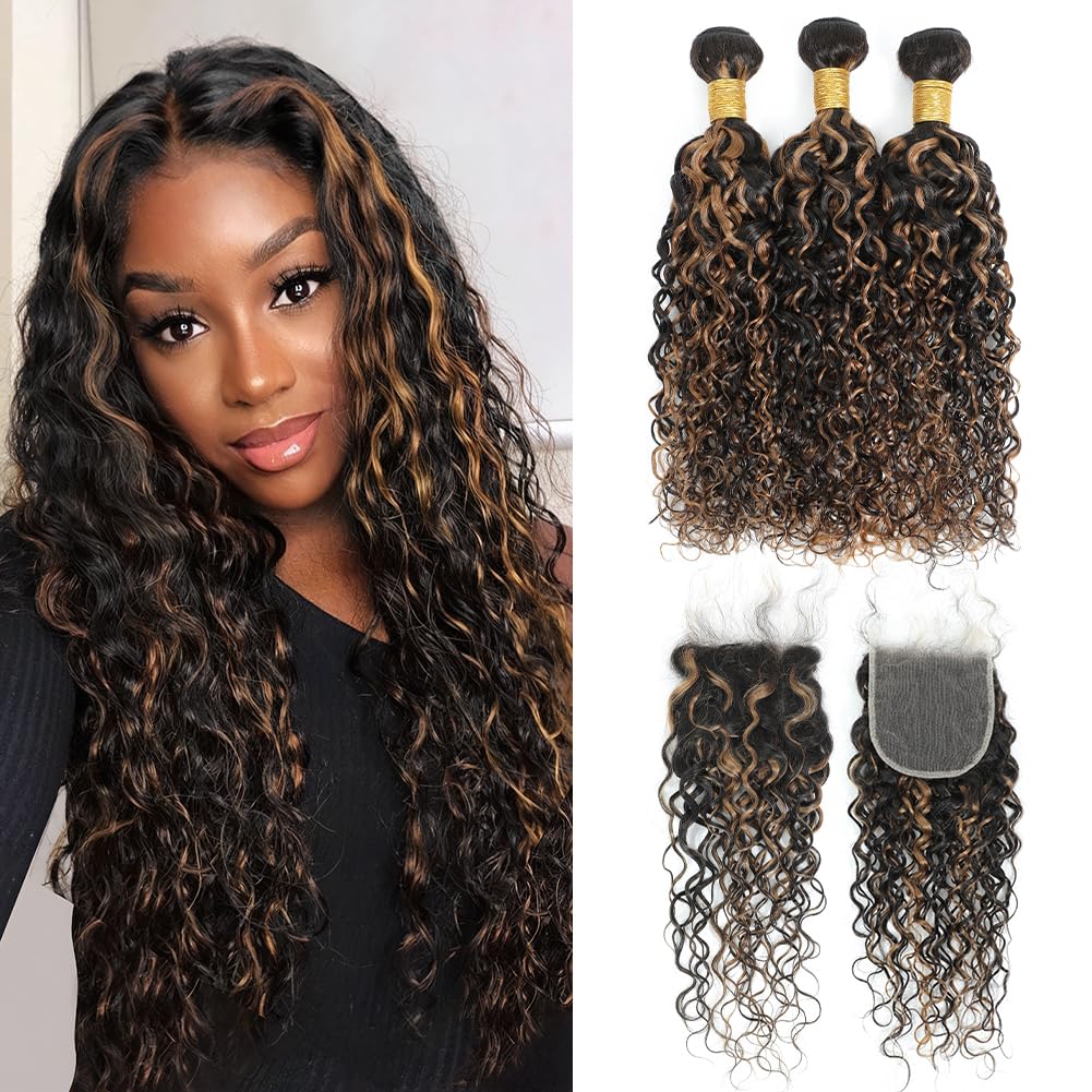 Water Wave Curly Black Hair with Brown Highlights, 1b/30 Brunette Balayage Human Hair Bundles with 4x4 Closure 12 14 16+10 Inch, Wet n Wavy 12A 100%