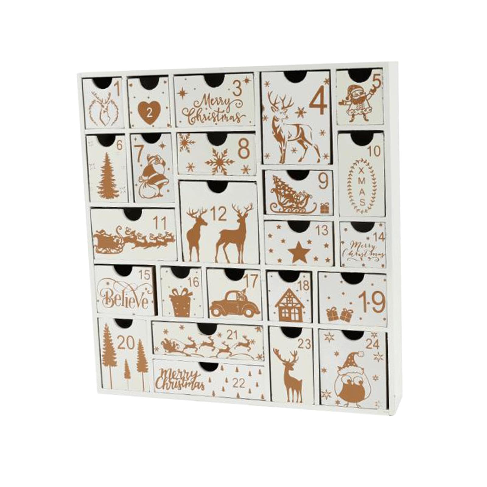 Adventskalender Holzbox 24 Aufbewahrungsschubladen Weihnachtsdekoration Geschenkbox Befüllbar Zählkalender für Kinder Erwachsene Wohnzimmer Büro Festl, Weiß