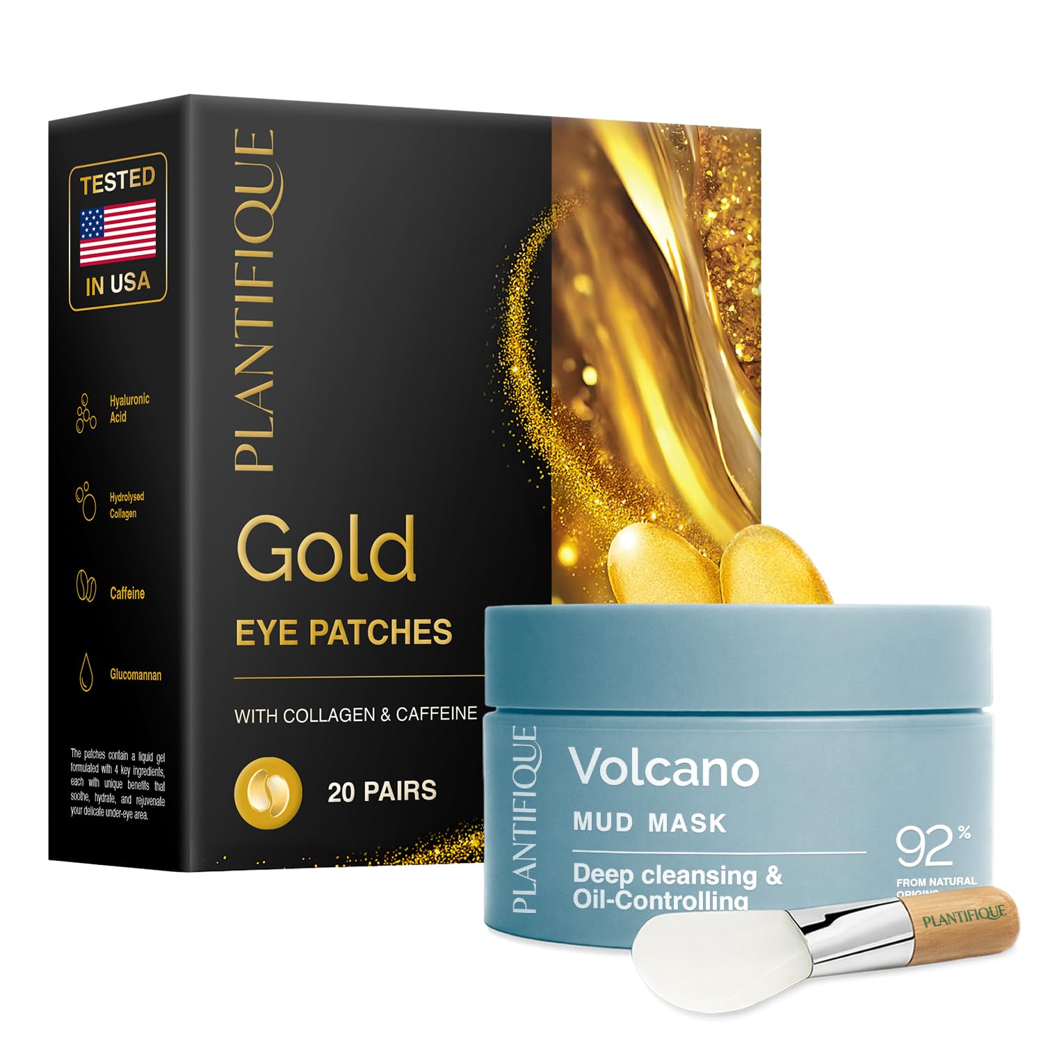 PLANTIFIQUE Maschera Viso Coreana Argilla Vulcanica - Purifica, Affina Pori, Idrata e Calma - 110 g & Patch Occhi Antirughe Donne e Uomini - Skin Care Kit Viso Crema Contorno Occhi Idratante - 20 Paia