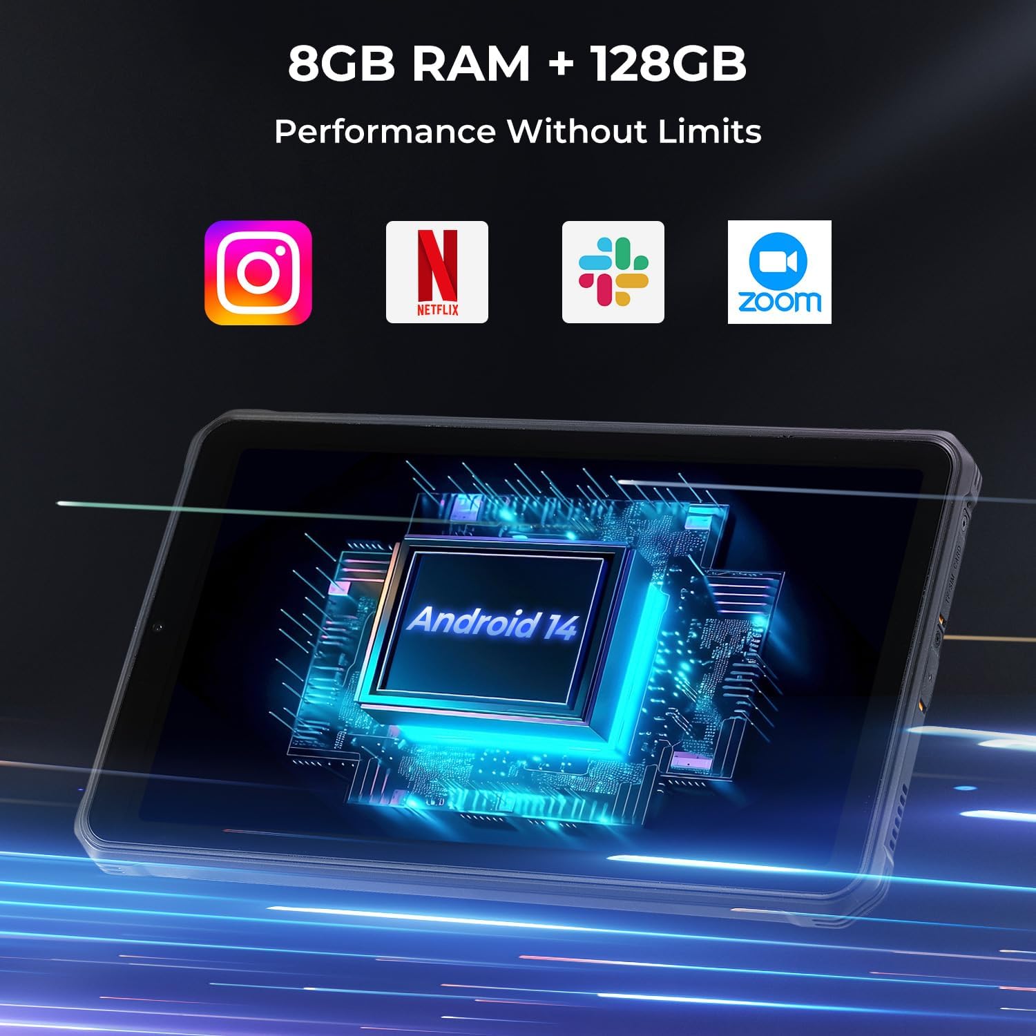 MUNBYN ILT03 tablet displaying the Android 14 logo, with icons for Instagram, Netflix, Slack, and Zoom, indicating 8GB RAM and 128GB storage.