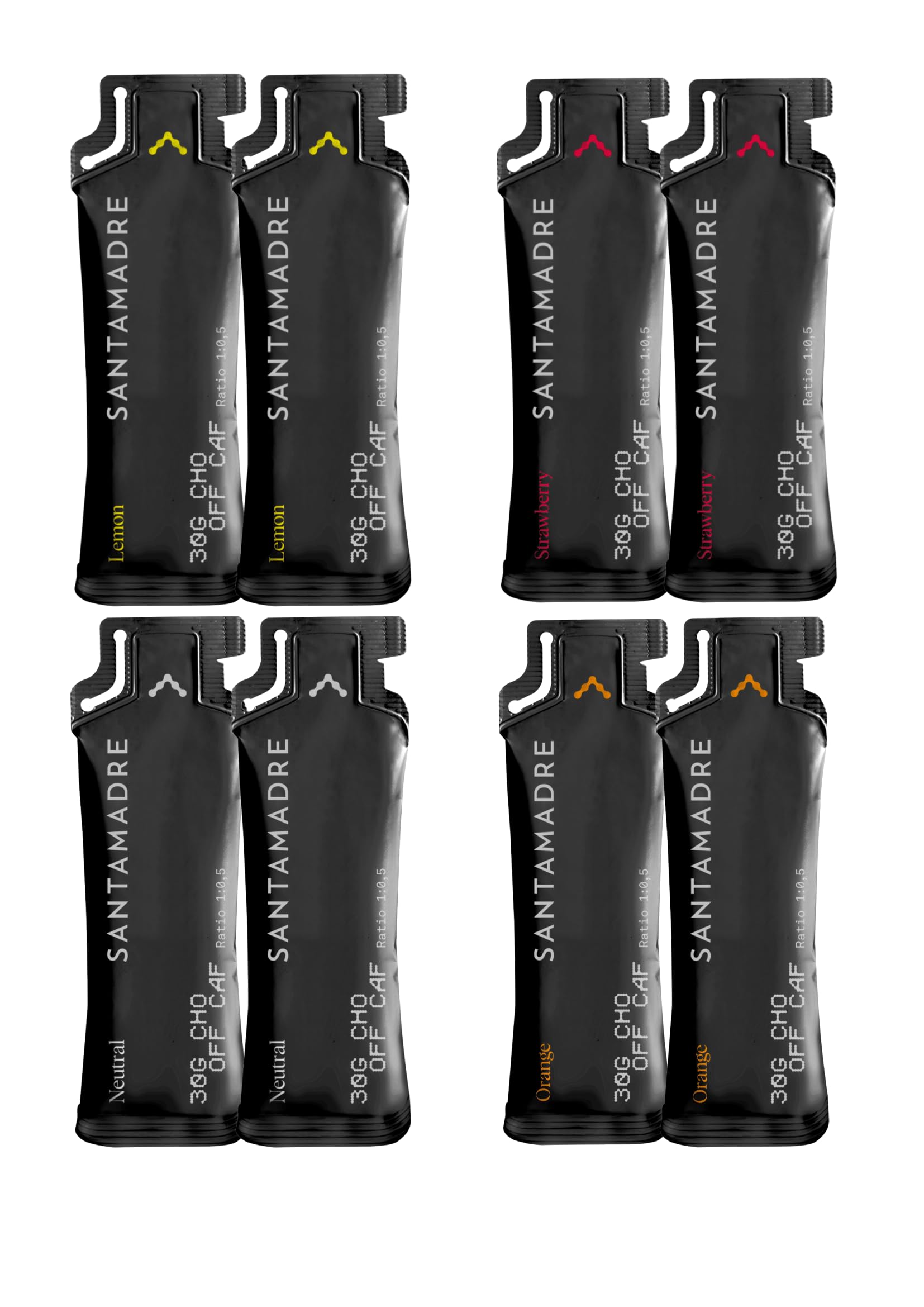 SANTA MADRE | Gel Energético | Pack 8 unidades | 30CHO OFF CAF | Sabores: 2x Limón, 2x Naranja, 2x Fresa y 2x Neutral | Tamaño 8x60g | Alimento deportivo | Baja densidad (Pack variado geles)