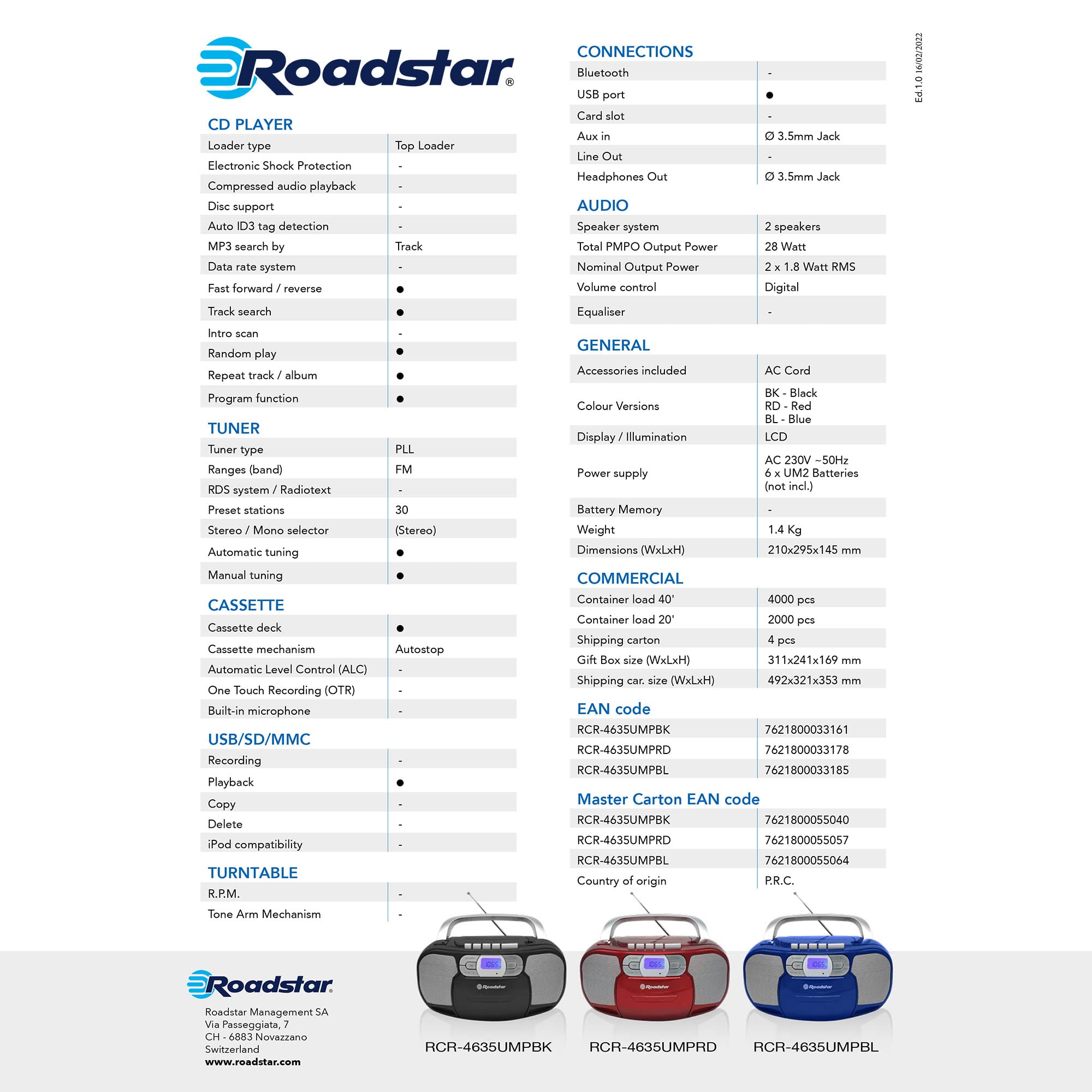 Roadstar RCR-4635UMP/RD Radio CD Cassette Portable, Radio Numerique PLL FM, Lecteur CD-MP3, USB, AUX-in, Sortie Casque, Rouge