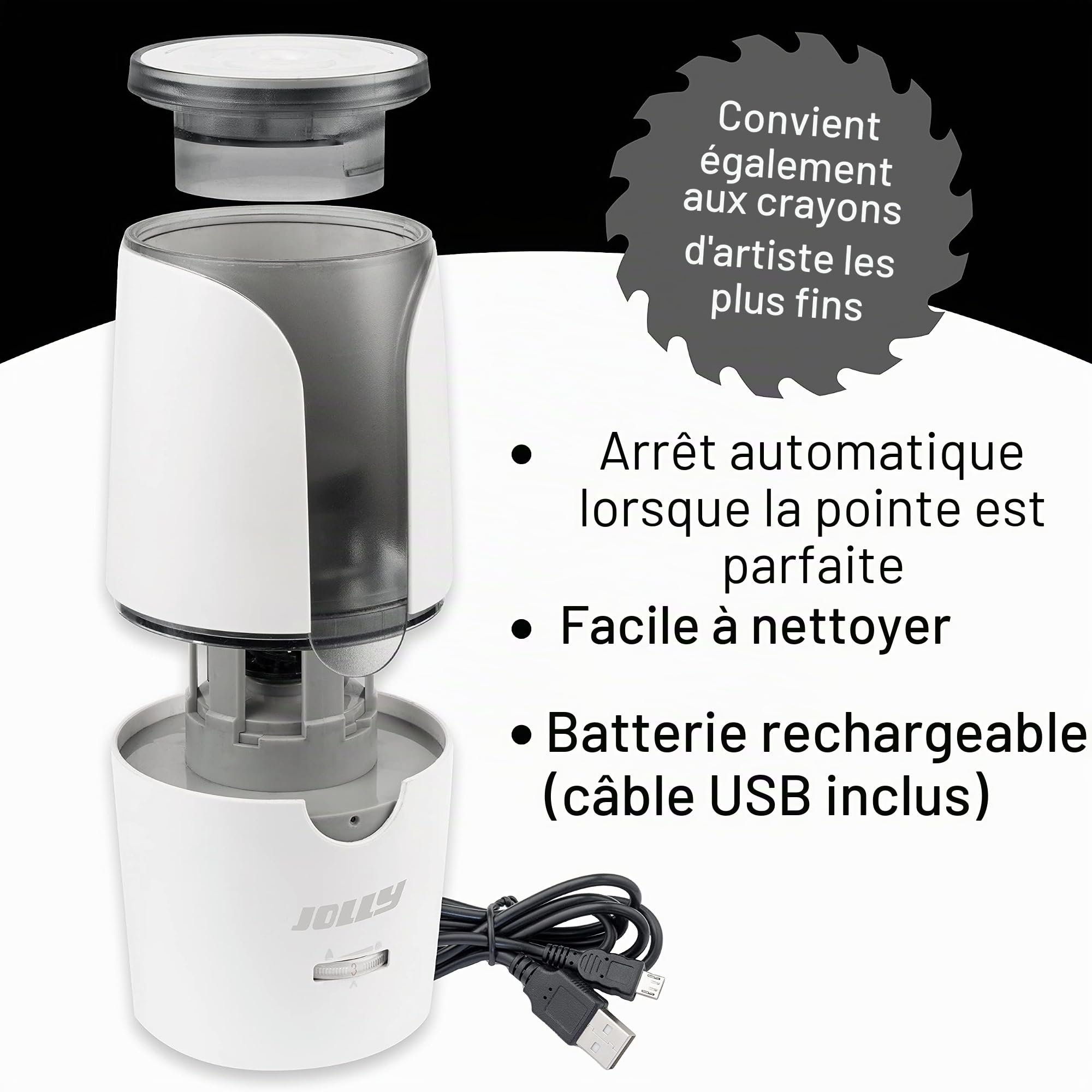 JOLLY Herbert Taille-crayon électrique grand taille-crayon électrique pour tous les stylos, même pour les crayons d'artiste fins et les crayons à mine pleine avec arrêt automatique Blanc