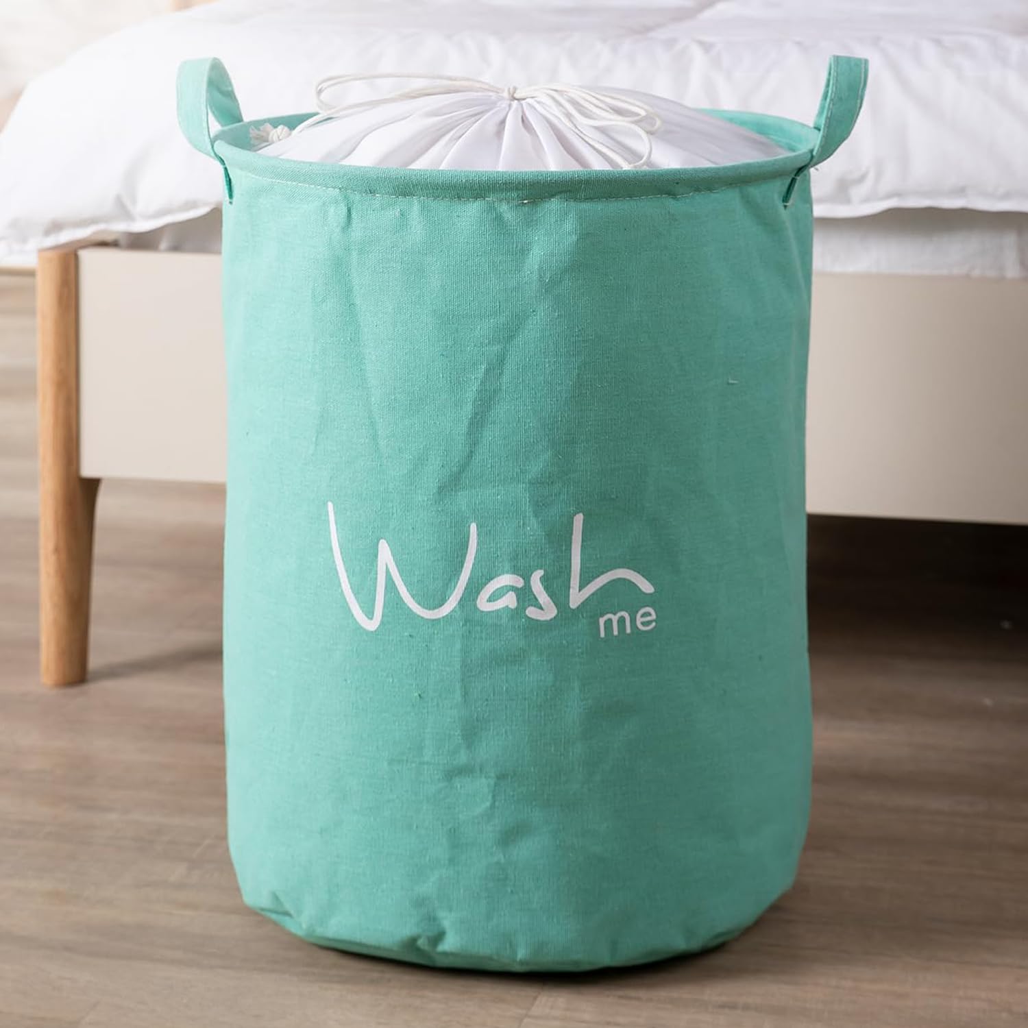 HOKIPO Cotton Folding Laundry Basket For Clothes, Round Collapsible Storage Basket With Lid (Drawstring Closure) - Large 46 Ltr, Green, Pack Of 1 (Ar2183), 36 Centimeters, 45 Centimeters-image-30