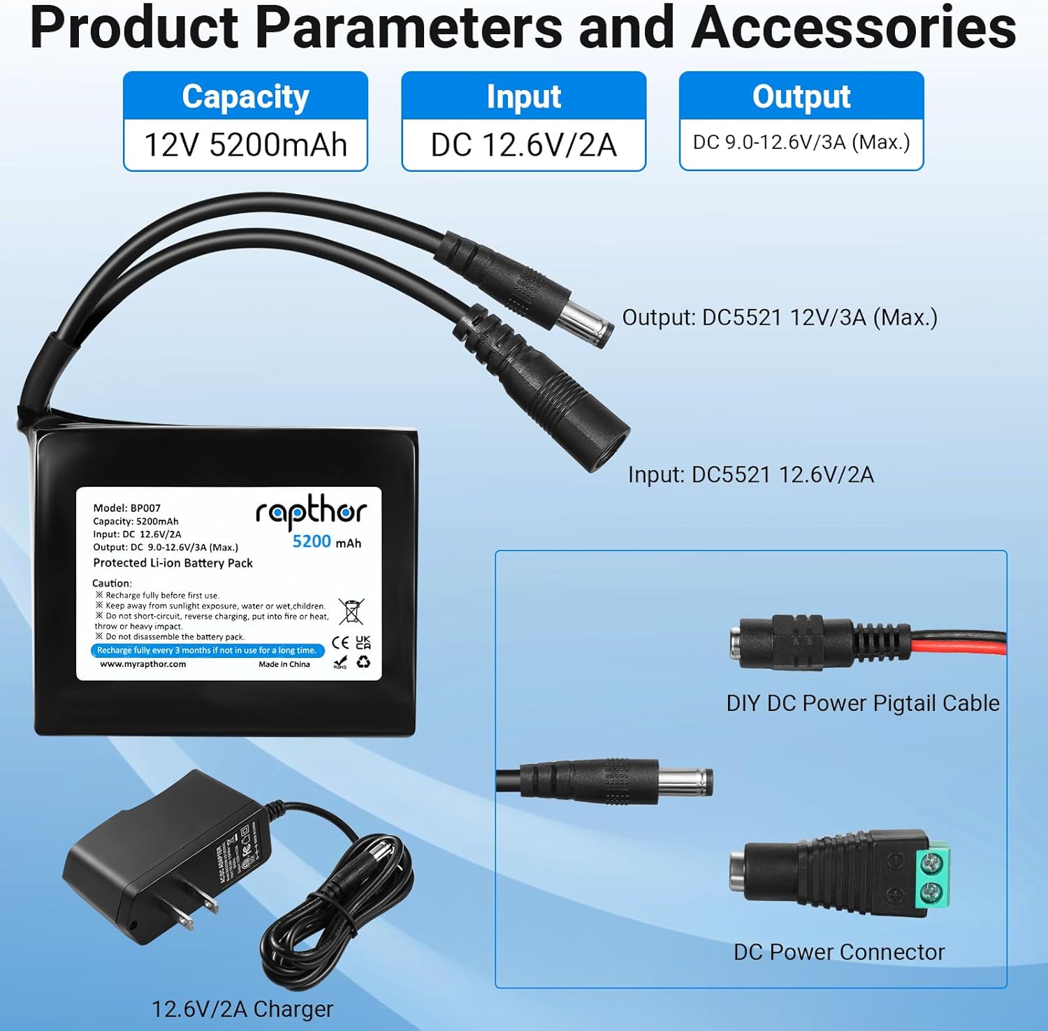 rapthor Rechargeable 12V 5200mAh Lithium ion Battery Pack with 12.6V 2A Fast Charger and DC5521 Port for 12V Devices, DIY Project, Router, Radio, LED Light Strip, CCTV Camera, Telescope etc - Image 2