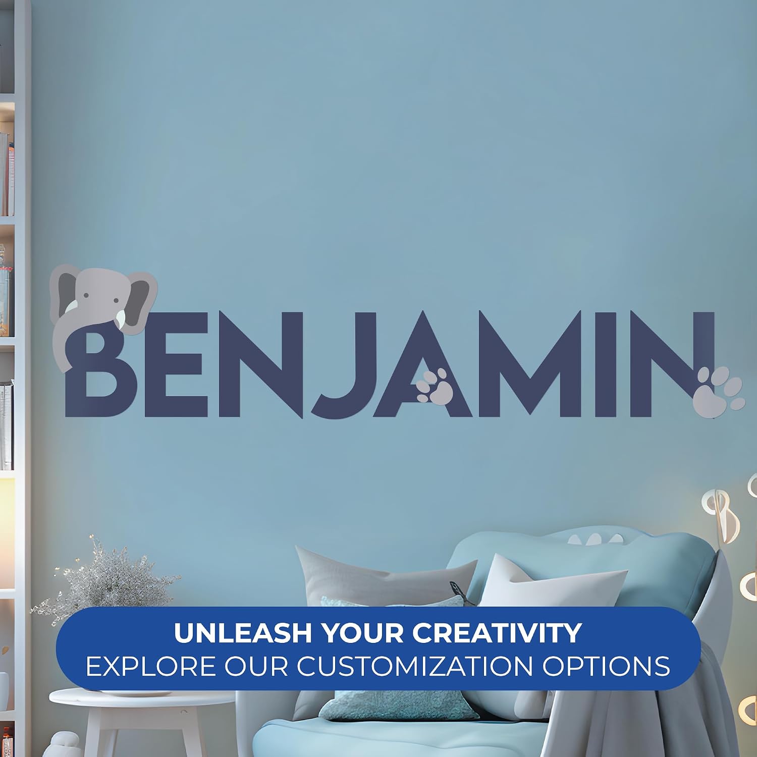 Personalized Name Footprints and Elephant Animal I Wall Decal for Bedroom I Wall Decoration for Baby Boys and Girls I Wall Stickers for Kids I Multiple Customization Options (Wide 42"x 15" Height)