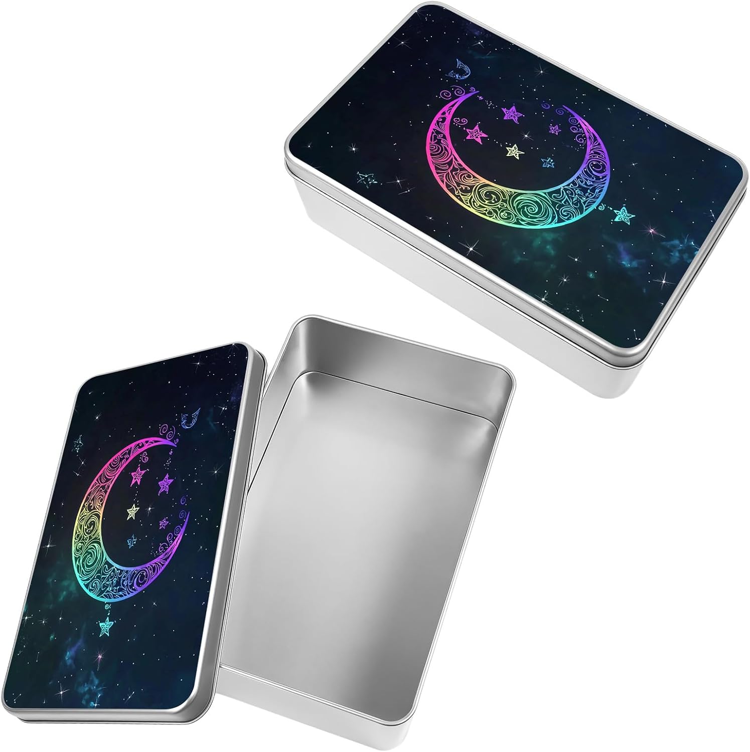 Large Metal Iron Box with Lid,4.9" x 3.5" x 1.6" Rectangular Tinplate Storage Container for Home Organizer,Cosmetics,Gift Packaging,Crafts & Accessories,Colorful Moon Stars