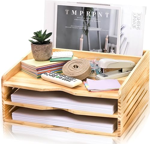 DEAYOU Organizador de archivos de escritorio de madera, bandeja de cartas de 3 niveles, clasificador de correo de almacenamiento de papel para