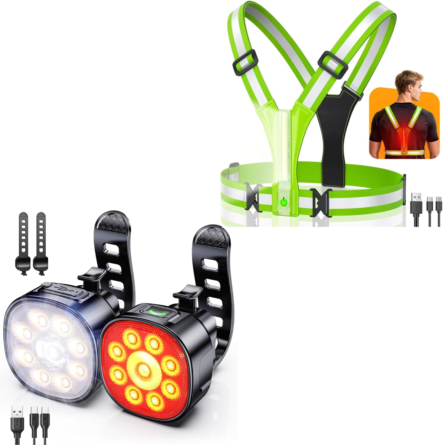 Bike Lights [8+7 Modes] + Cuvccn LED Reflective Vest Super Bright Lighting