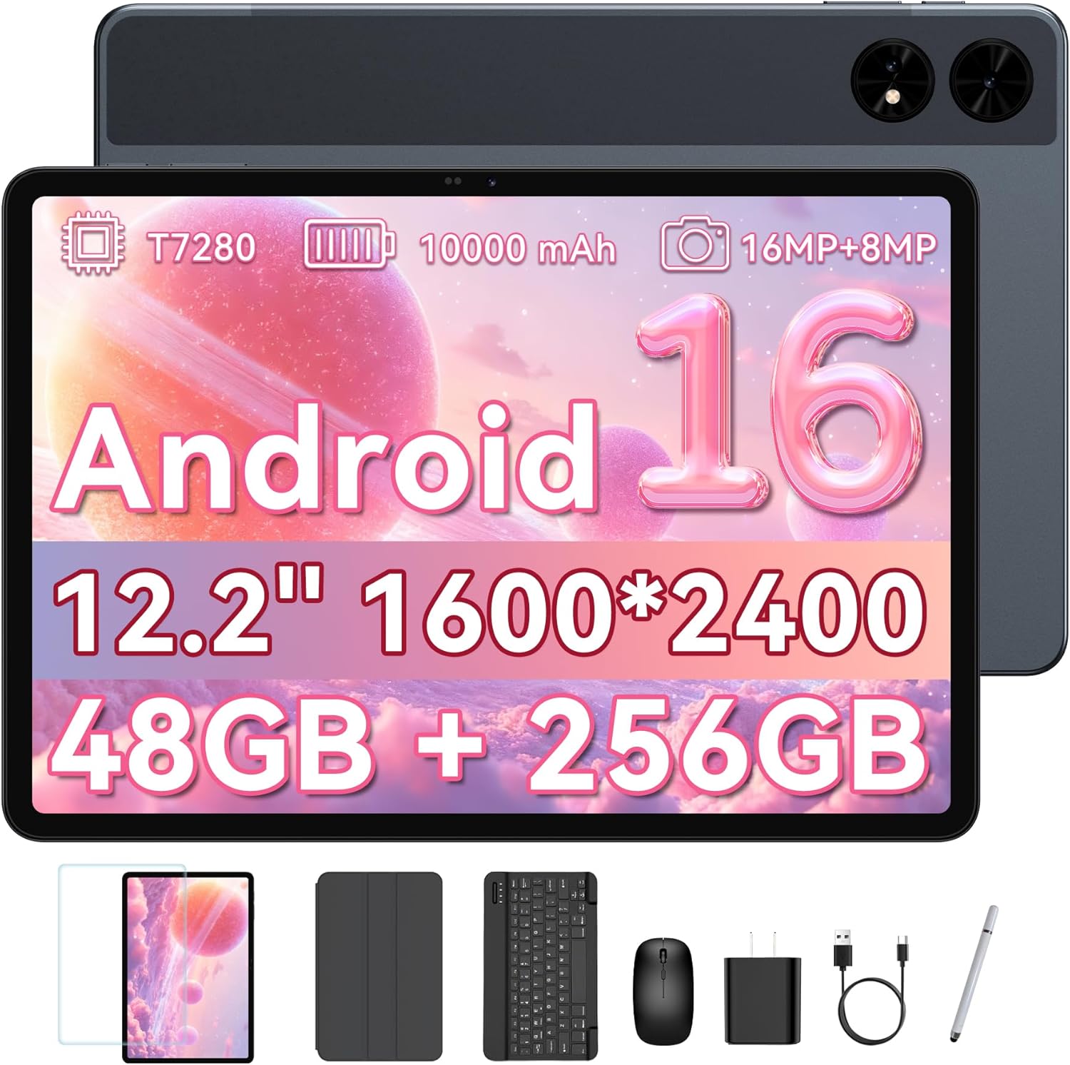 2026 12 Inch Tablet, 48GB RAM+256 Storage(Expand to 2TB), Android 16 Tablet with Keyboard, T7280 Octa-Core, 2.5K 2400x1600 Display, 16MP Dual Camera, 10000mAh, 5G WiFi, 4 Year Warranty