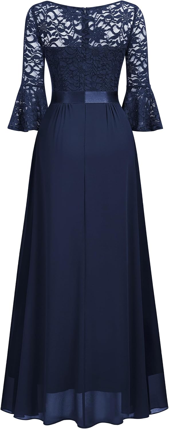 MISSMAY Women's Elegant V-Neck Floral Lace Bell Sleeve Wedding Party Maxi Dress - Image 6