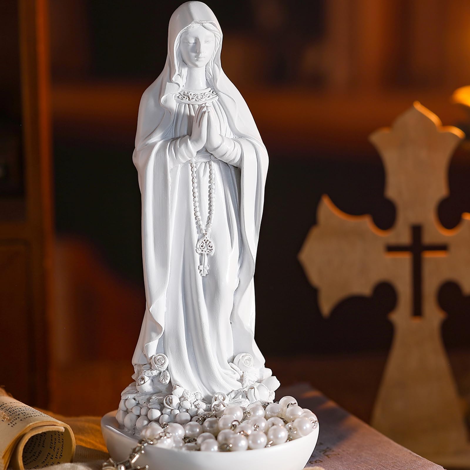 Wonderjune Our Lady of Lourdes Statue Figurine 8'' Bright Ivory Virgin Mary Statue Blessed Catholic Mother Mary Garden Statue Resin Stone Tabletop Rosary Holder Home Office Religious Gifts Decor