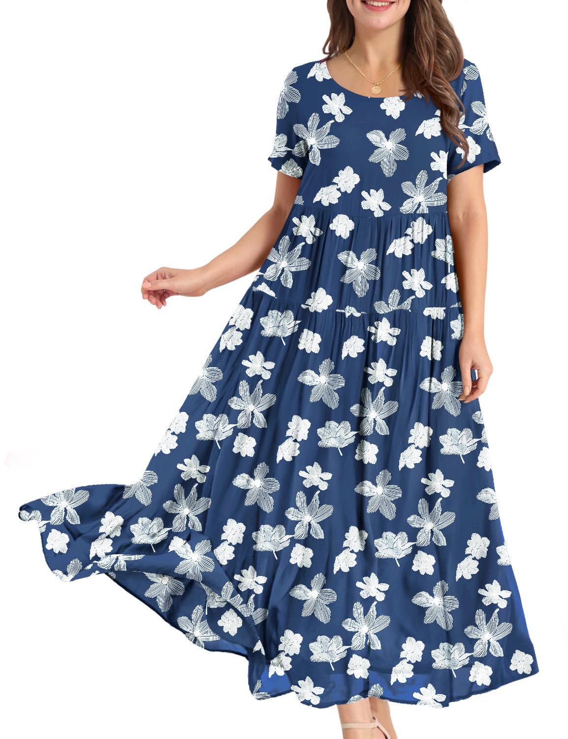 YESNO Damen Kleider Freizeit Lose Sommerkleid Lang Boho Maxikleid für Rundhals Strandkleid Blumenkleid EJFDE