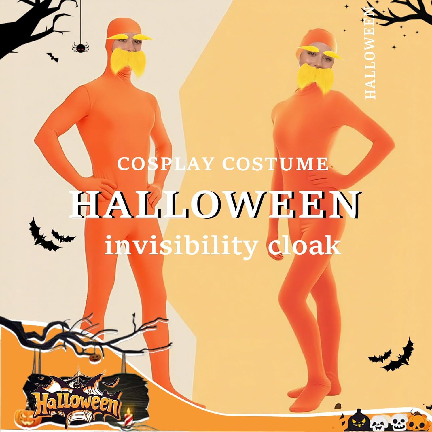 TICIFEN 2 Pcs Orange Jumpsuit Costume Adult Yellow Mustache and Eyebrows Bodysuit for Men Halloween Party Dress up - Image 7