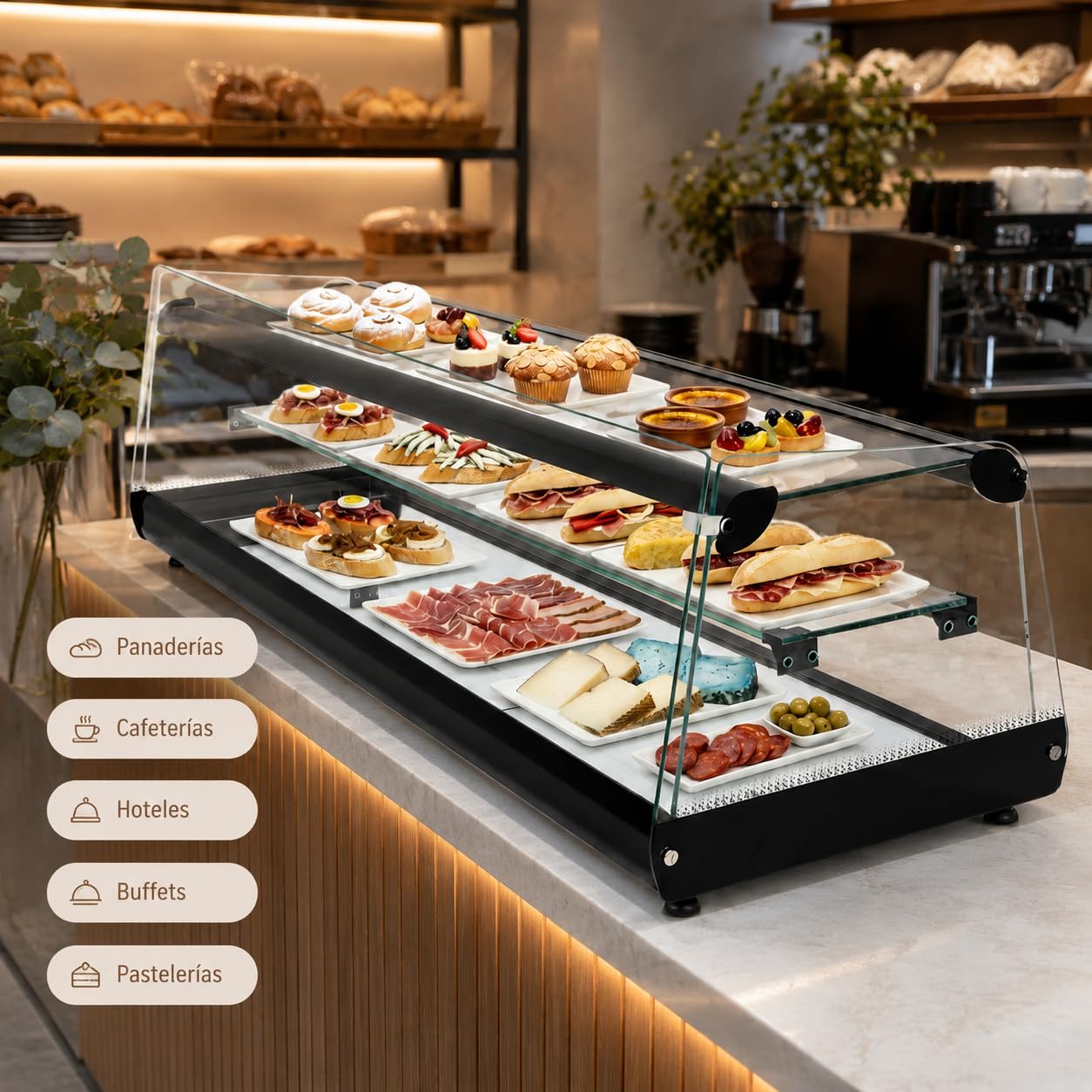 Vitrina Expositora Neutra de Cristal 180,8 x 39 x 34,3 cm, 3 Niveles, Acero Inoxidable, para Bar y Mostrador