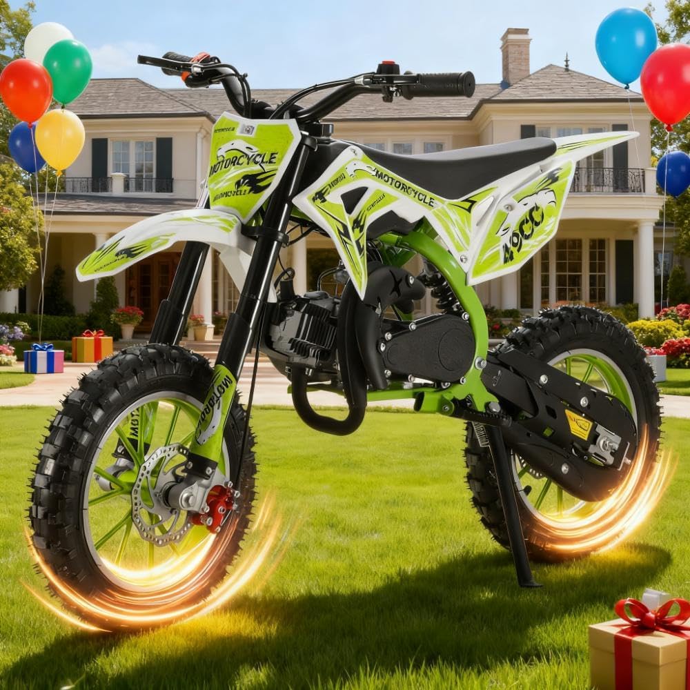 49cc Kids Dirt Bike Gas-Powered, 25 MPH Off-Road Motorcycle for Children Ages 6-14, High-Speed 2-Stroke Engine with Dual Disc Brakes & Anti-Slip Tires, 330 lbs Load Capacity, Beginner-Friendly Design