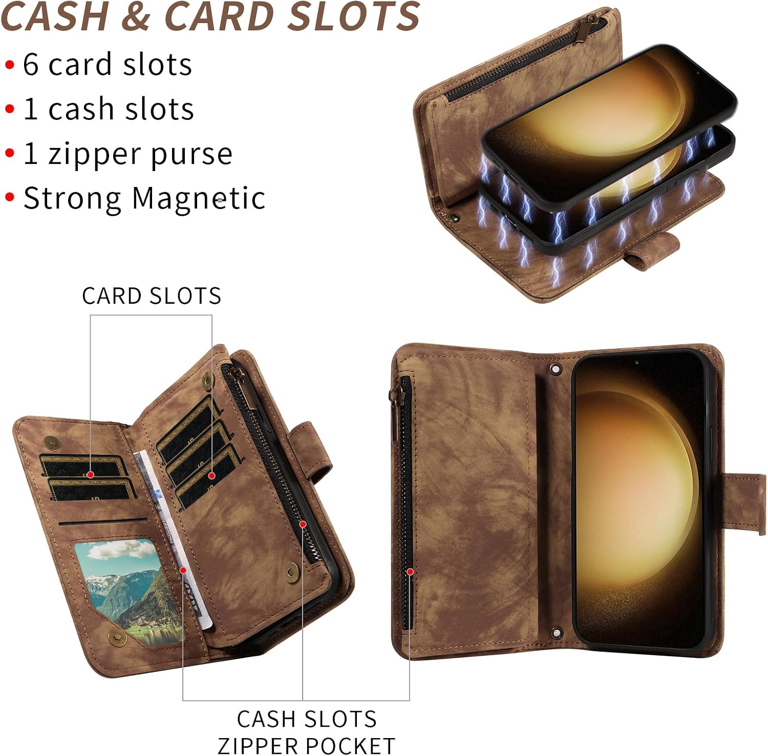 Asuwish Phone Case for Samsung Galaxy S23 Plus S23+ 5G Zipper Wallet Cell Cover with Tempered Glass Screen Protector Strap Flip Credit Card Holder S23plus 23S + S 23 23+ SM-S916U 6.6 inch Women Brown