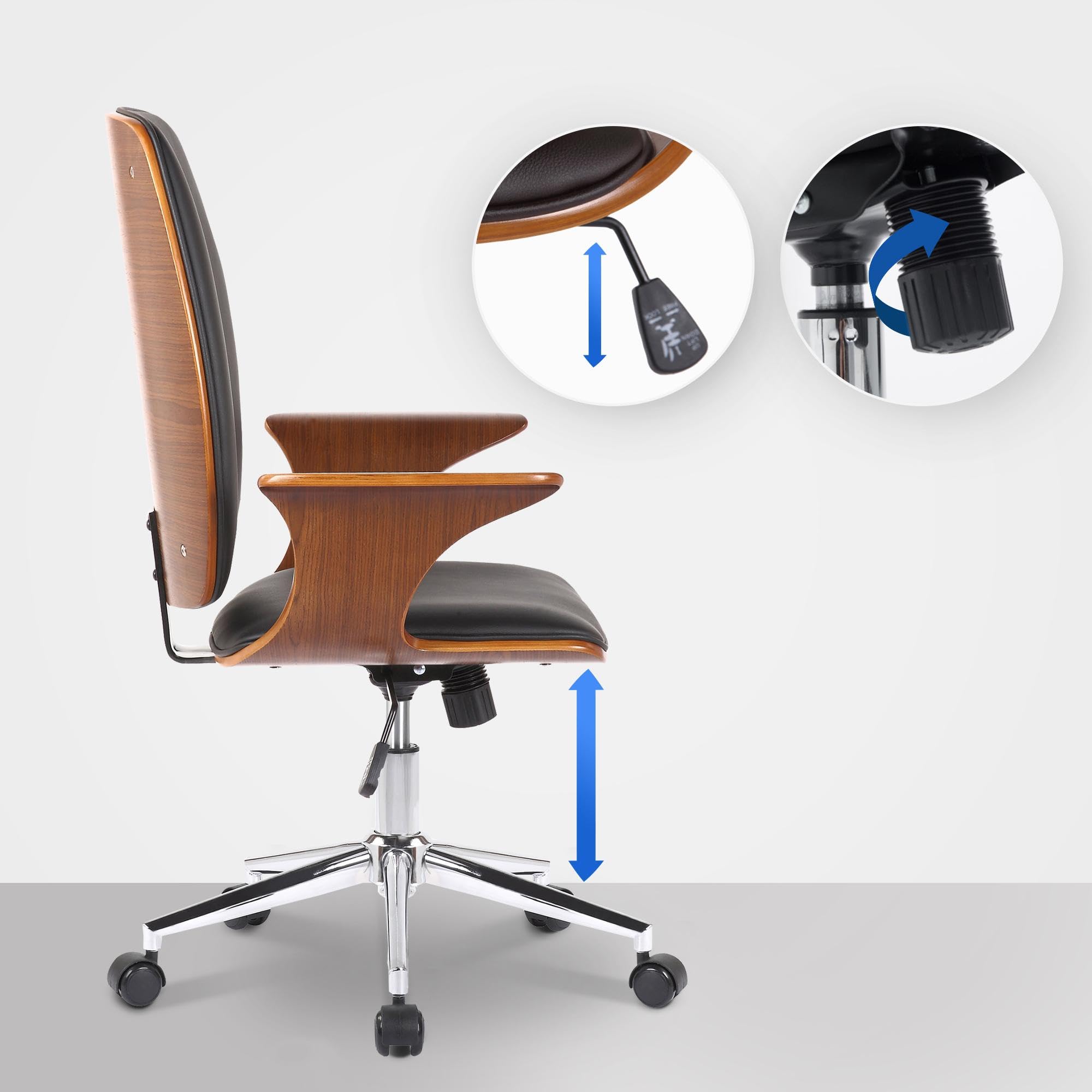 CLP Fauteuil de Bureau Burbank avec Coque en Bois I Chaise De Bureau en Tissu Ou Similicuir Dossier Assise Rembourrés I Pičtement Métal, Couleur:Noyer/Noir, Matériel:Similicuir