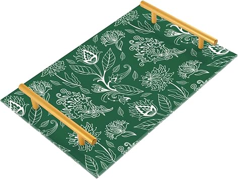 Bathroom Vanity Tray Counter Organizer, Green Floral Pattern Decorative Tray with Handles Countertop Storage for Bathroom Bedroom Kitchen Home Farmhouse