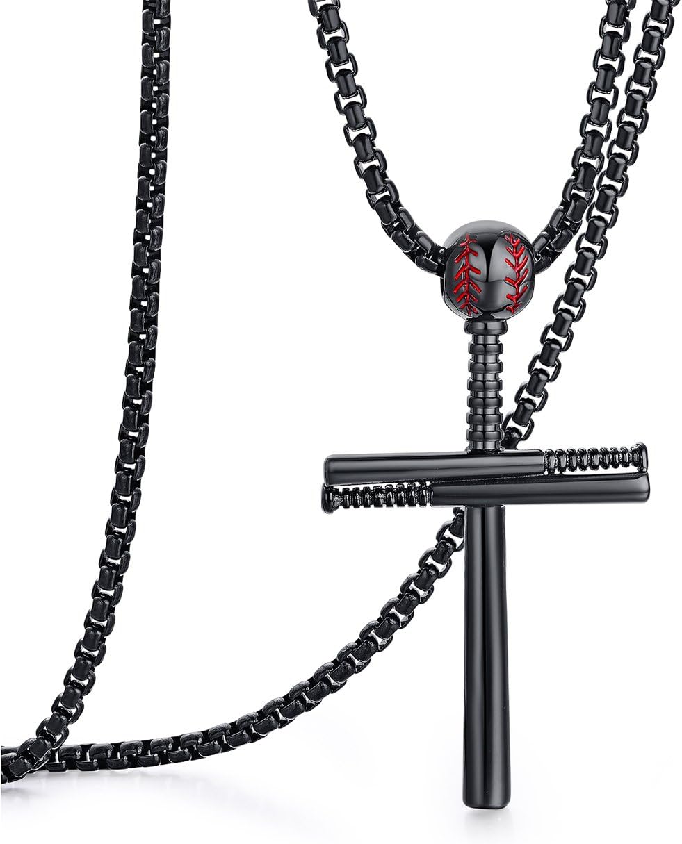 Rehoboth Baseball Bat Cross Pendant Necklace for Men Women With 24" Stainless Steel Chain Black Gold Silver