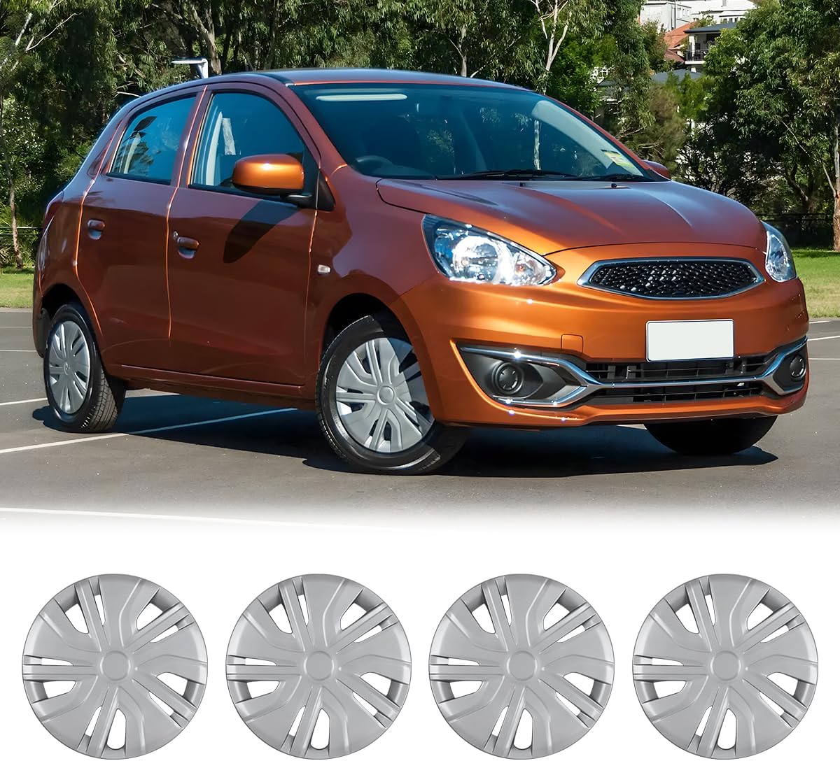 14 Inch Hubcaps Set of 4 Silver Lacquer Wheel Rims Cover R14 for Mitsubishi Mirage 2014-2025, PP Material Wheel Tire Covers Snap On Hubcap for Steel Wheels Replacement Exterior Accessories(4-Packs)