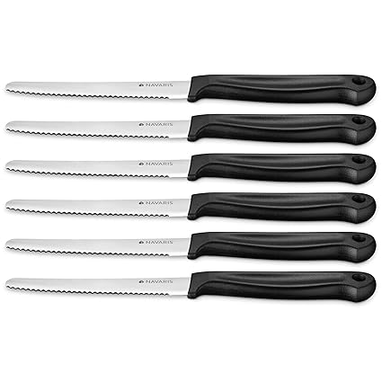 Navaris Serrated Tomato Knife Set (6 Pieces) - Small Stainless Steel Utility Knives for Slicing Tomatoes, Vegetables, Fruit - Dishwasher Safe - Black