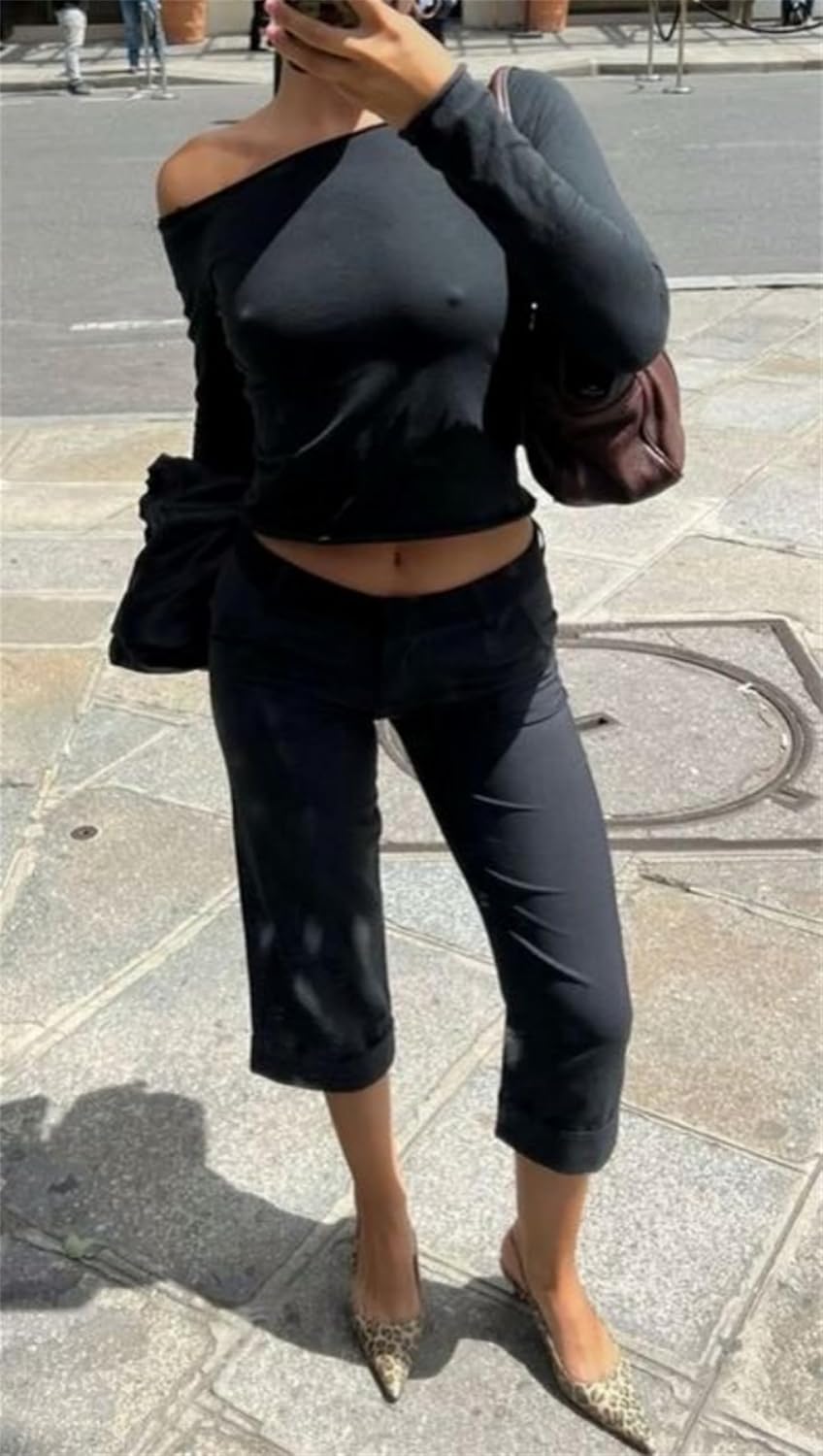 Women Slim Fitted Capri Leggings Bow Tie Split Capri Pants Fold Over Low Rise Skinny Knee Length Cropped Trousers
