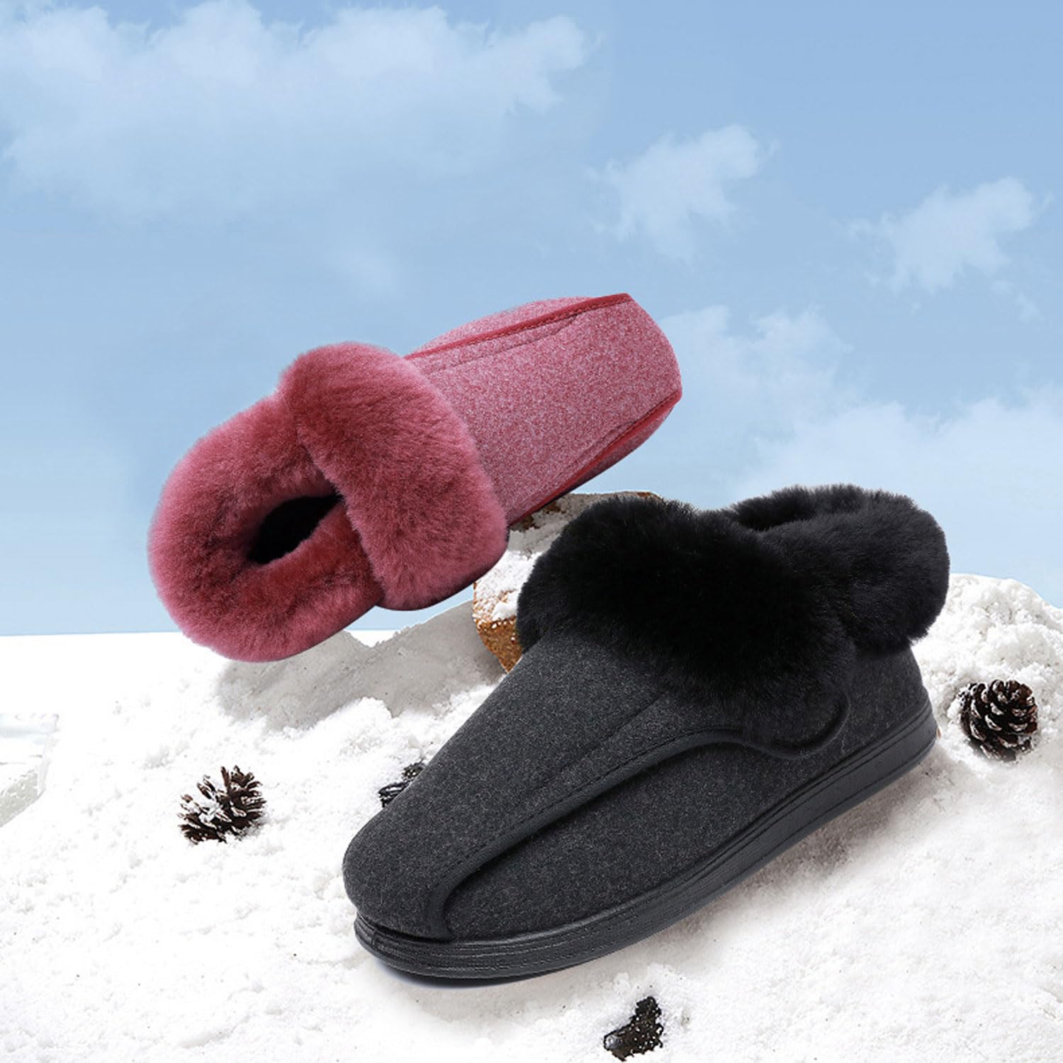 Generisch Diabetiker Schuhe Damen Extra Weit für Geschwollene Füße Winter Warme Plüsch Gefüttert Bequem Hausschuhe Breite Hausstiefel Hüttenschuhe Rutschfeste Sohle Geschlossene Ferse