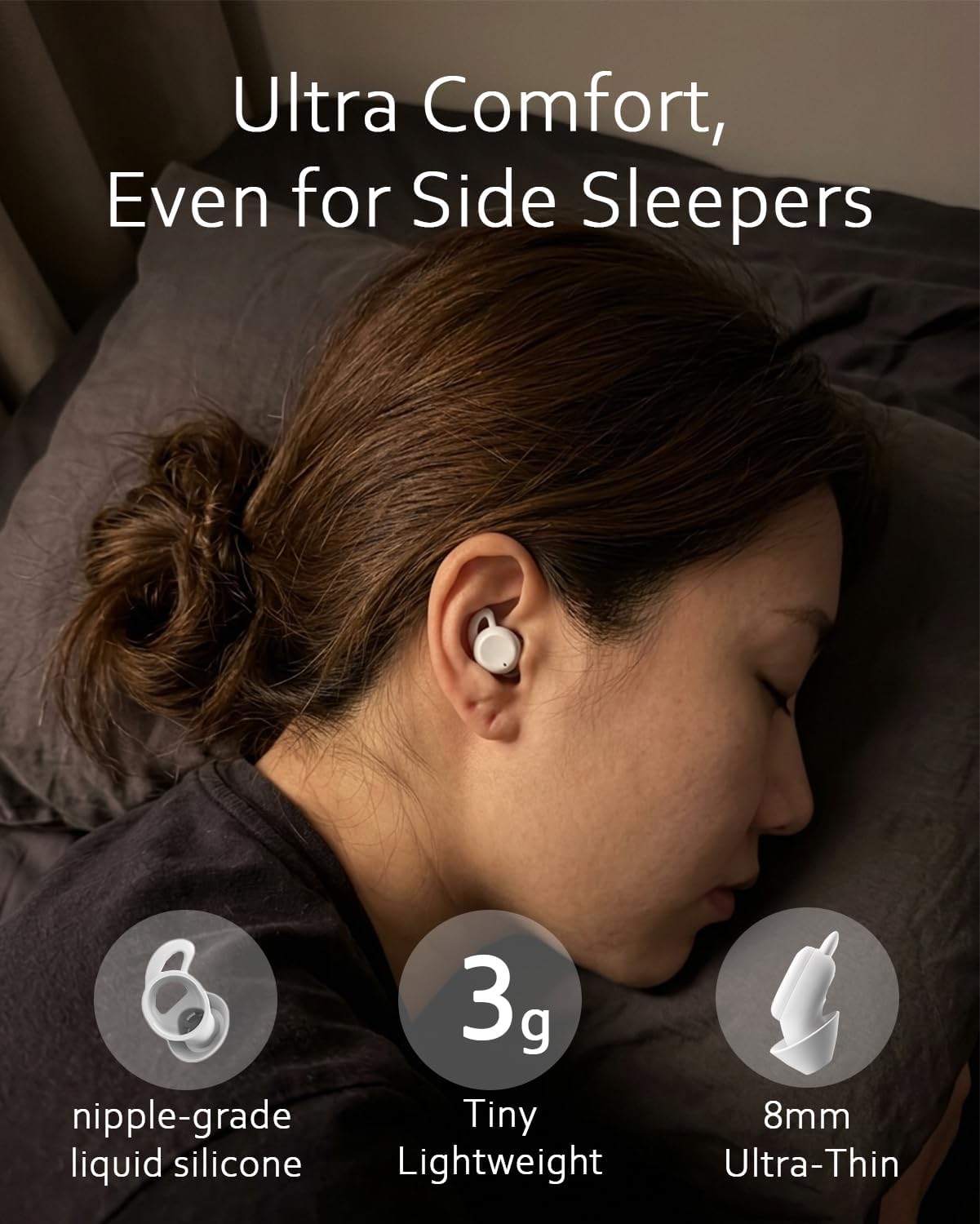 Sleep ANC Earbuds, Noise Cancelling Comfortable Side Sleeper Headphones with AI Sleep Monitor, Thin Invisible Sleeping Earphones, Up to 11 Hours of Sleep Mode, Personal Alarm, Sleep Report